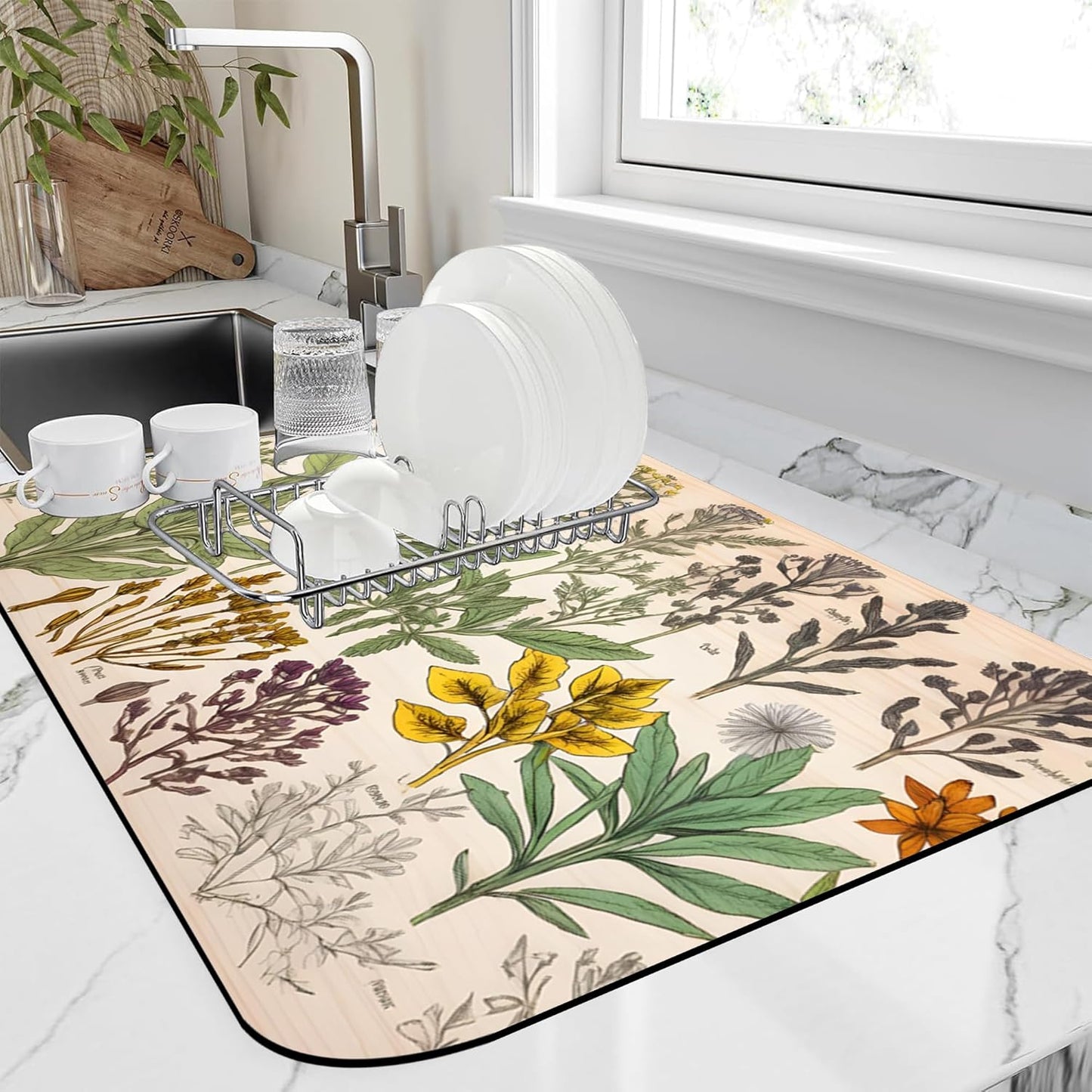 Dish Drying Mat Vibrant Bouquet of Spring Flowers Kitchen Mat 12"x19" Bsorbent Coffee Maker Mat for Dishes,Utensils Coffee Maker Pots and Pans Easy Clean Dish Slip Resistant Pad