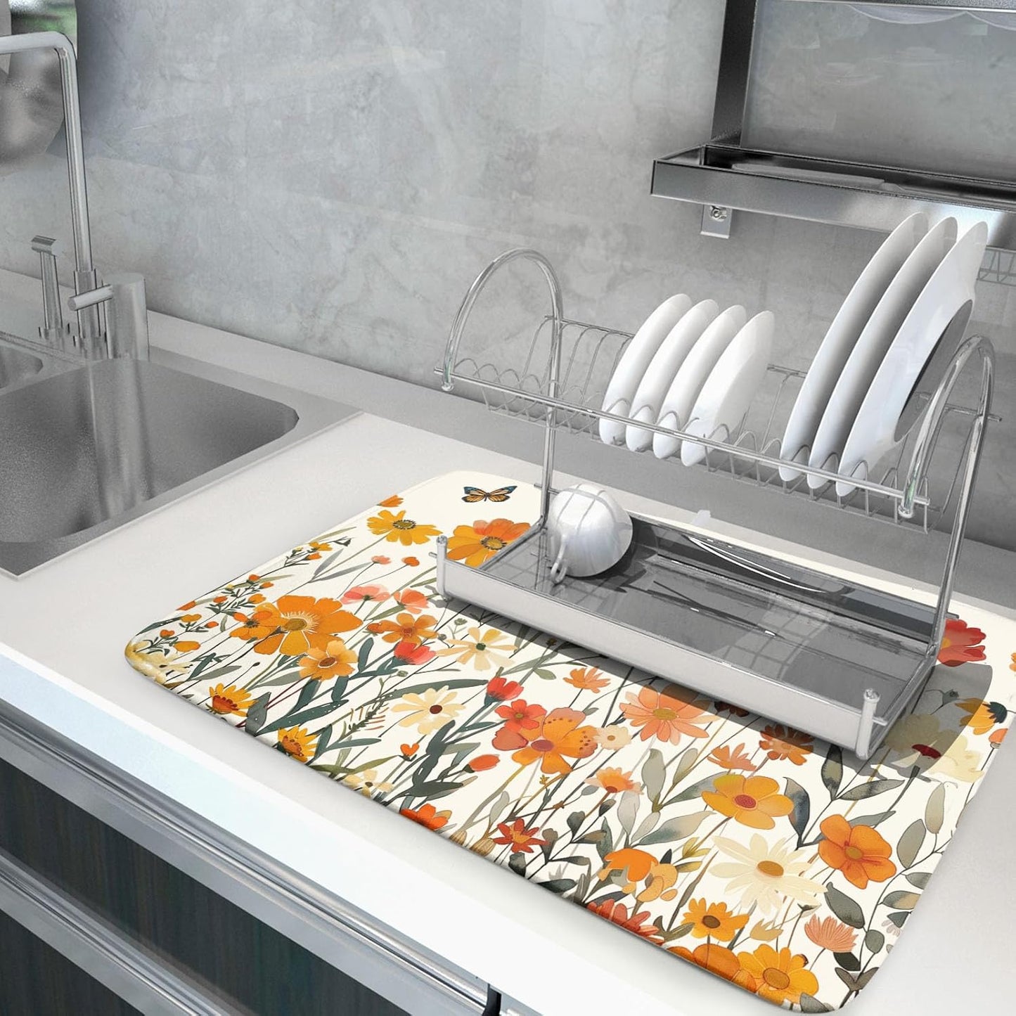 Fall Orange Wildflower Dish Drying Mat for Kitchen Counter,Autumn Floral Butterflies Drying Mat 18 x 24 Inch with Absorbent Reversible Microfiber Dish Drying Pad Dish Pad for Coffee Bar