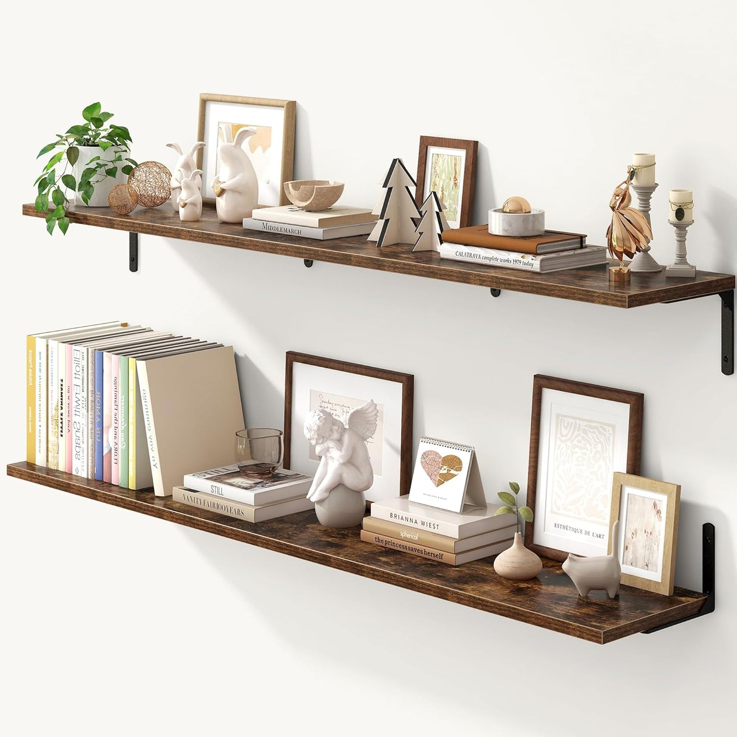Fun Memories Deep Floating Shelves, 55W x 8D Floating Shelves Set of 2, Wall Mounted Shelf with Metal Brackets, Rustic Wood Wall Shelf for Bathroom, Kitchen and Living Room, Rustic Brown