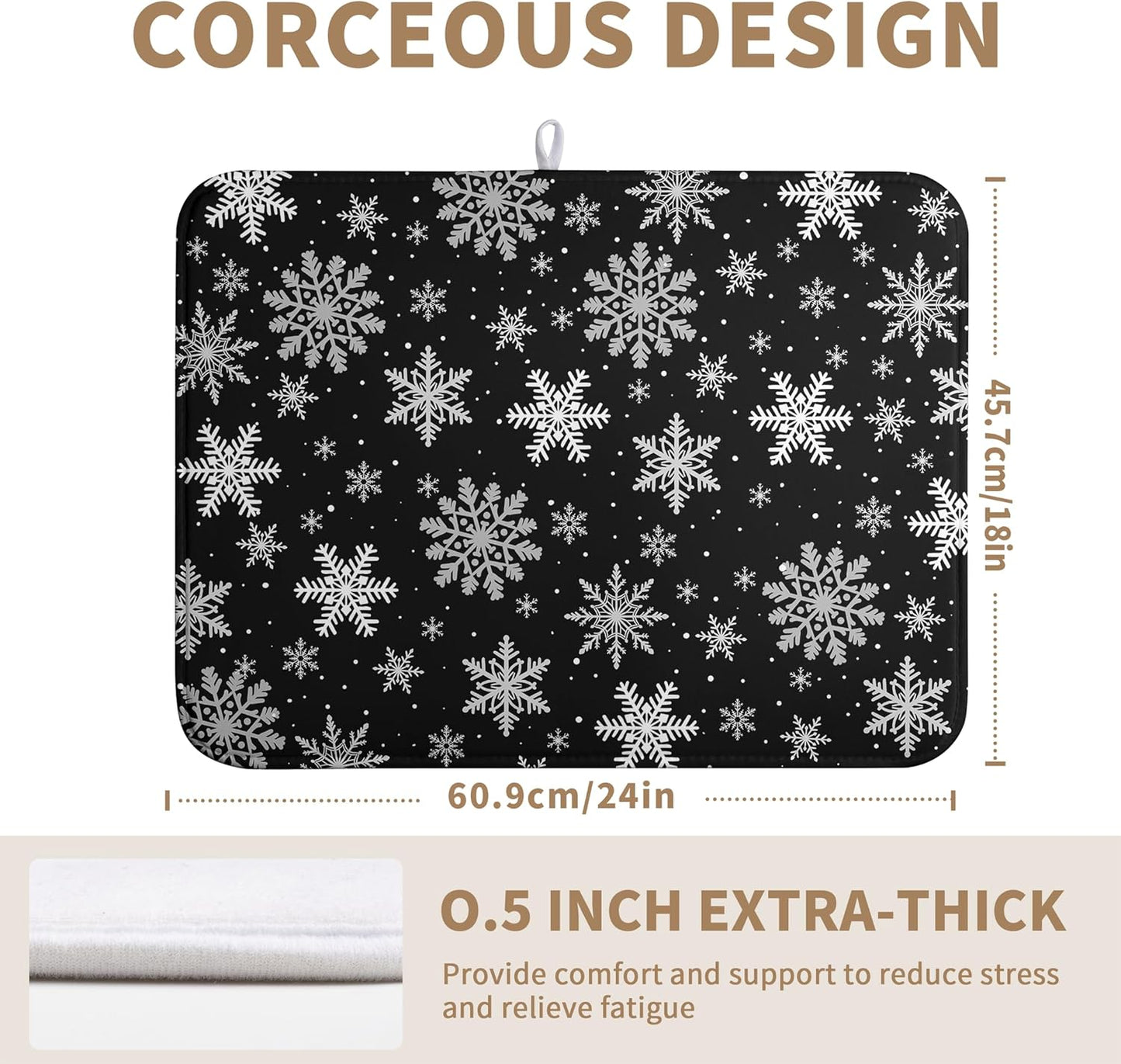 Winter Snowflake Black Dish Drying Mat Christma Snowflakes Large Kitchen Mats Dish Drying Pad Absorbent Dish Dryer Mat for Kitchen Countertops Microfiber Drainer Pad Dish Drying Mats (18x24 in)