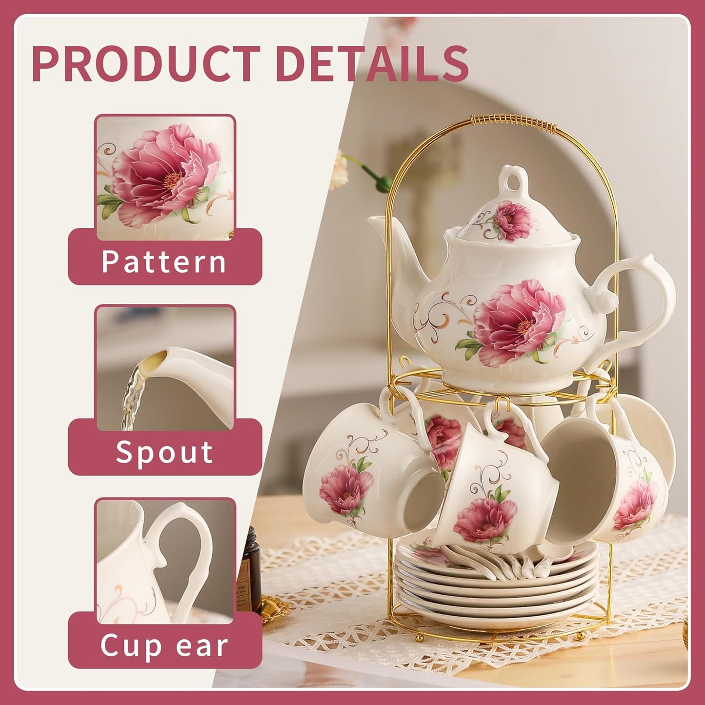 20-Pieces Tea Set For Adult with Golden Metal Rack,Porcelain Tea Sets For Women,Tea Gift Sets for Home&Party(015)