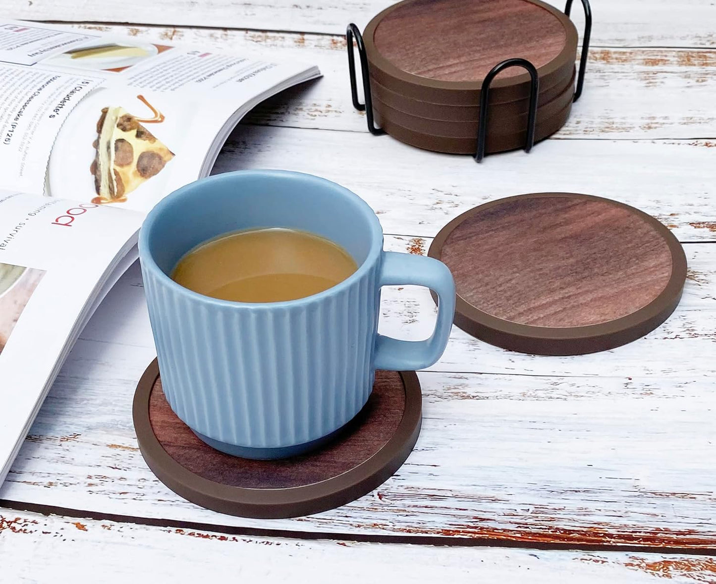 Absorbent Coasters for Drinks with Holder - 6packs, Silicone Coaster with Soft Felt Insert (4.3 inch Coasters with 4.5 inch Holder, Wooden Style)
