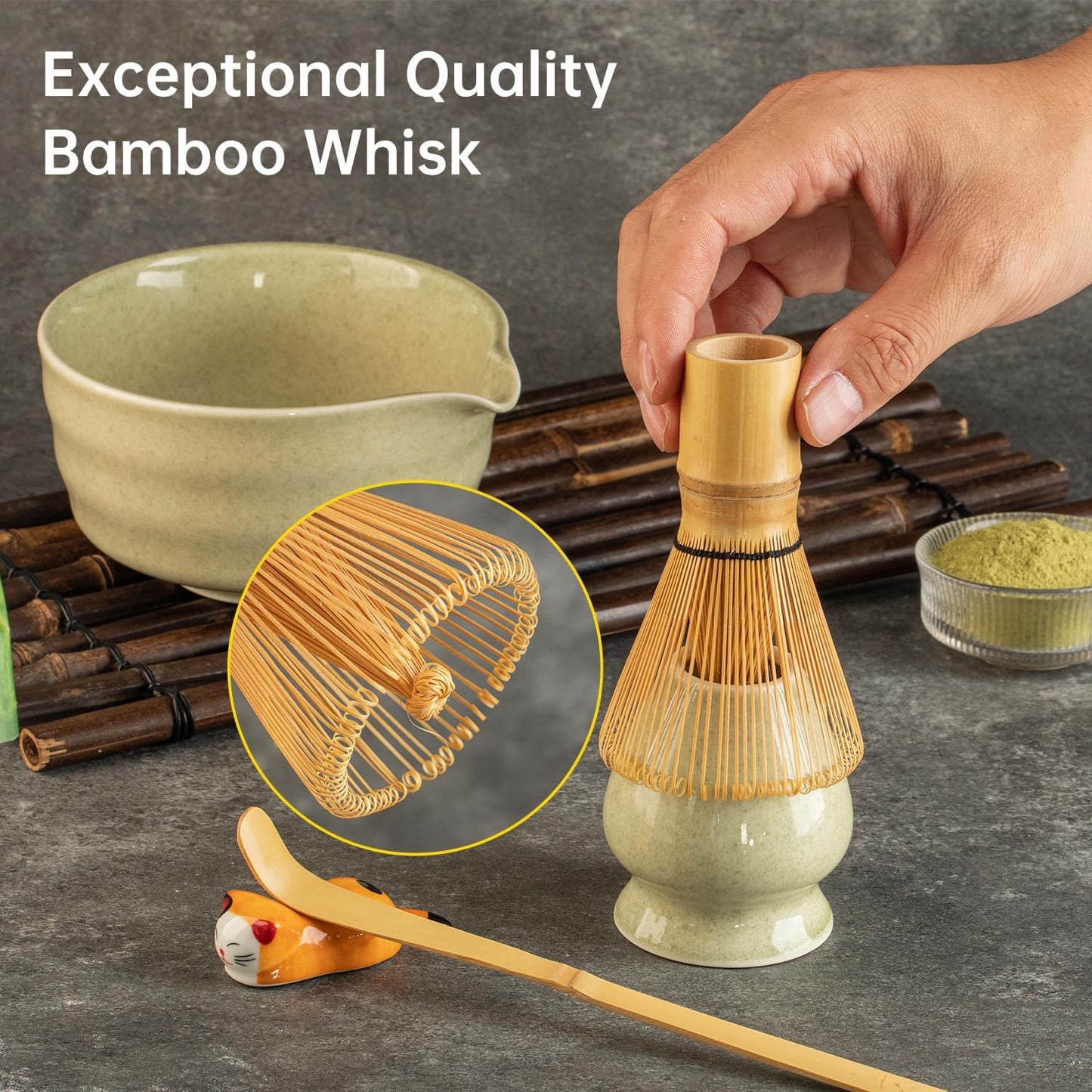 Matcha Whisk Set，Matcha Set includes Match Bowl with Spout and Whisk, Matcha Whisk Stand,Bamboo Matcha Scoop，5 Pcs Complete Ceramic Matcha Kit