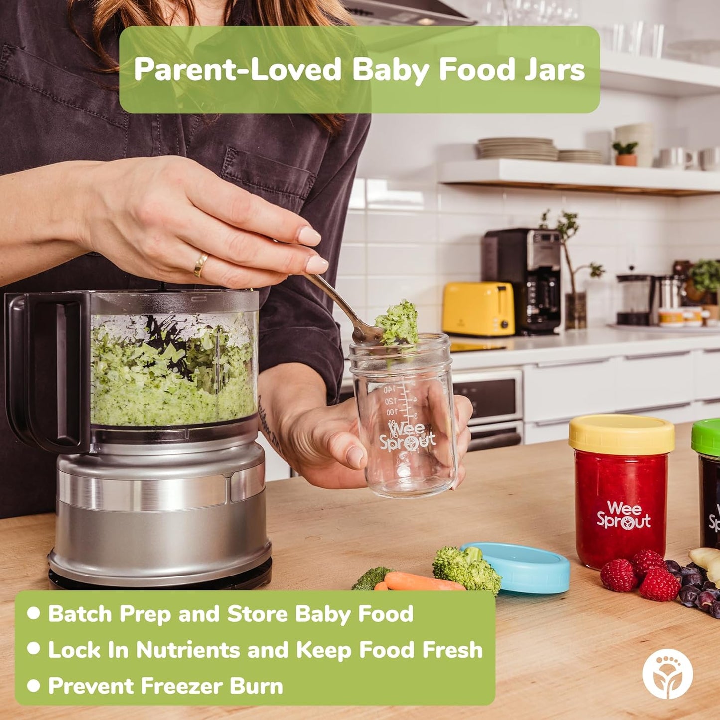 WeeSprout Glass Baby Food Storage Jars w/Lids (4 oz, 6 Pack Set) Snack, Puree, Reusable Small Containers, Breast Milk, Fridge or Freezer, Microwave & Dishwasher Safe, Essential Must Have for Infants