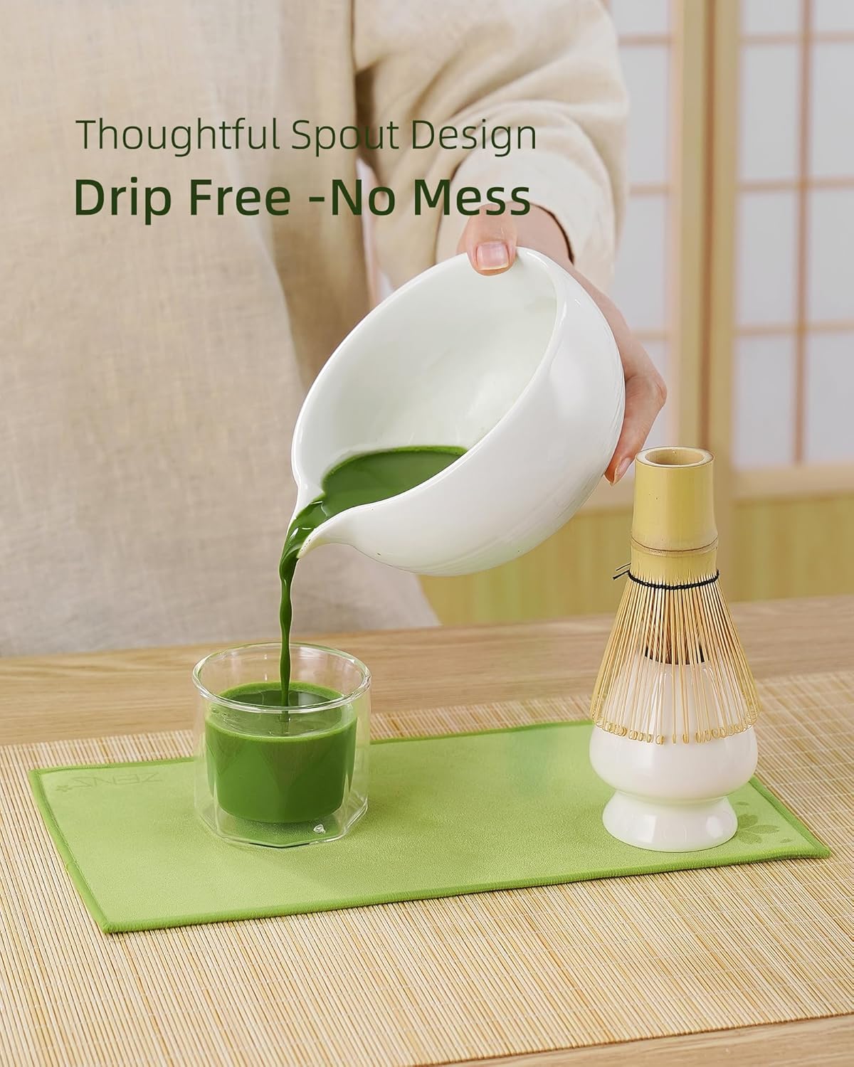ZENS Matcha Whisk Set, 15oz Ceramic Matcha Bowl with Spout and Bamboo Whisk, Whisk Holder (Chasen), Scoop & Tea Towel, 5pcs Matcha Tea Kit Gift for Matcha Lovers, White