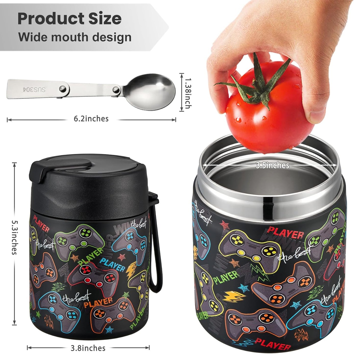 17oz Soup Thermo for Hot Food Kids,Insulated Food Jar with Spoon,Thermo Hot Food Lunch Container,Wide Mouth Leakproof Stainless Steel Lunch Box for School-Black Game