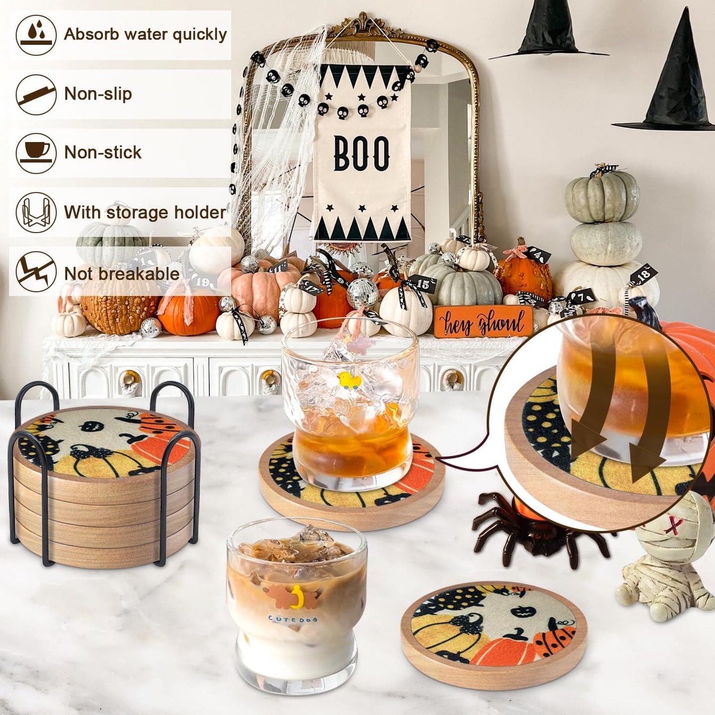 Fall Coaster Set of 6 Cewiru Halloween Coasters for Drinks Absorbent Cup Mats for Table Protection Unique Halloween Round Coasters for Coffee Table Kitchen Decor 4.3"