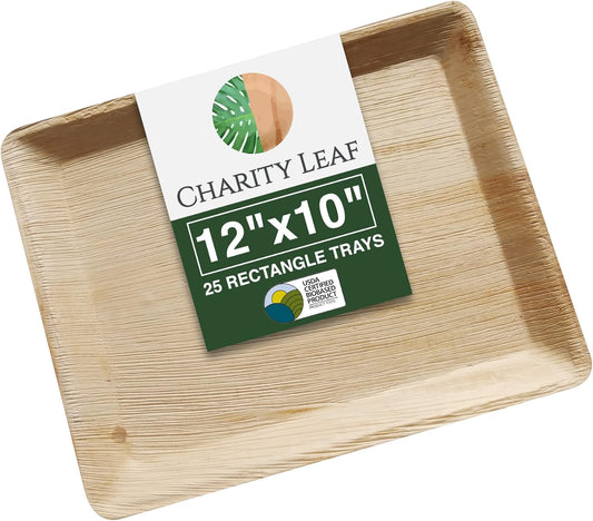 Charity Leaf Disposable Palm Leaf 12" x 10" Trays (25 pieces) Bamboo Like Serving Platters, Disposable Boards, Eco-Friendly Dinnerware For Weddings, Catering, Events