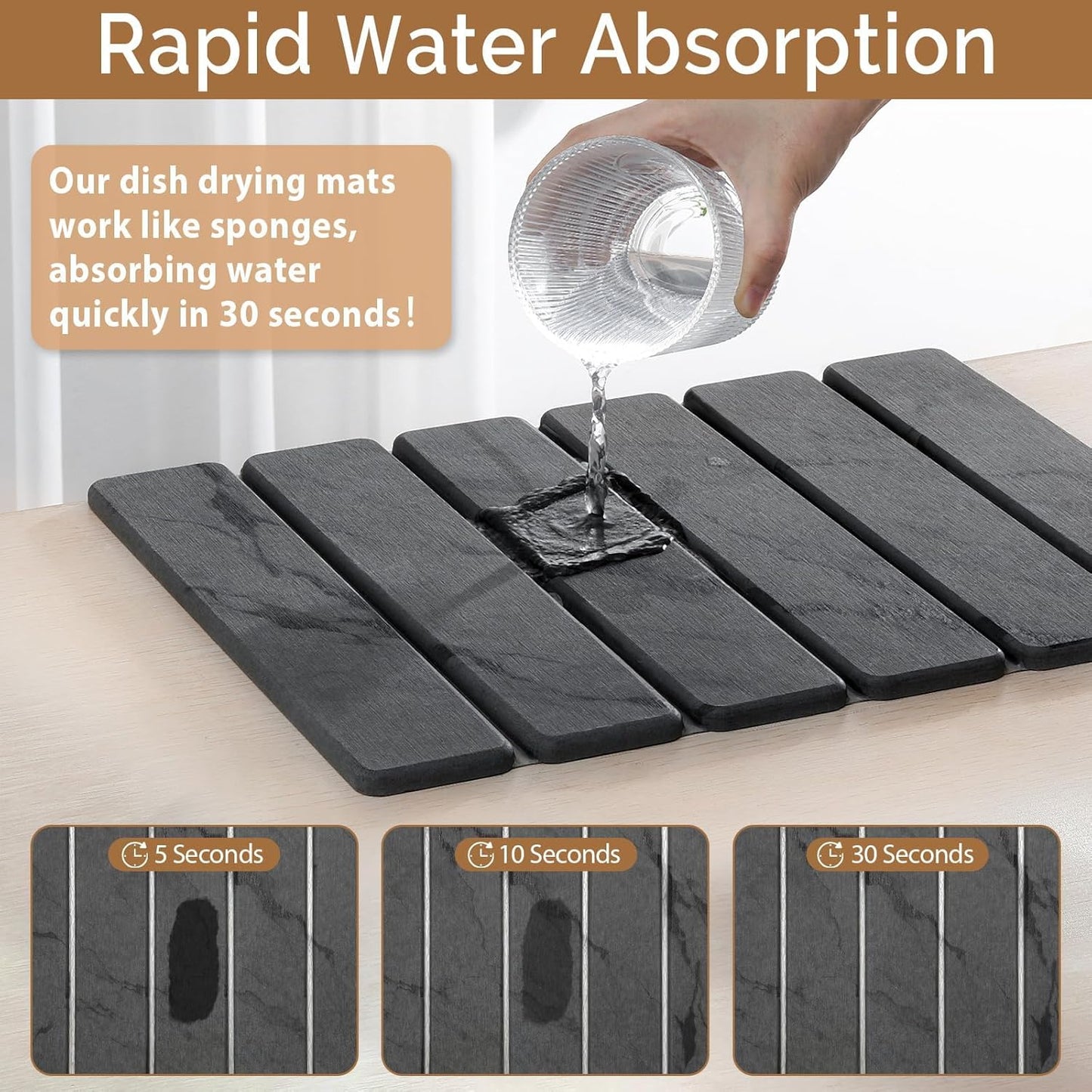 2 PCS Stone Dish Drying Mat for Kitchen Counter,Quick Dry Stone Dishes Mats,Marbled Water Absorbing Diatomaceous Earth Drying Pad for Countertop Bottles Utensils Cups(Dark Gray 16"×12" & 8"x4")