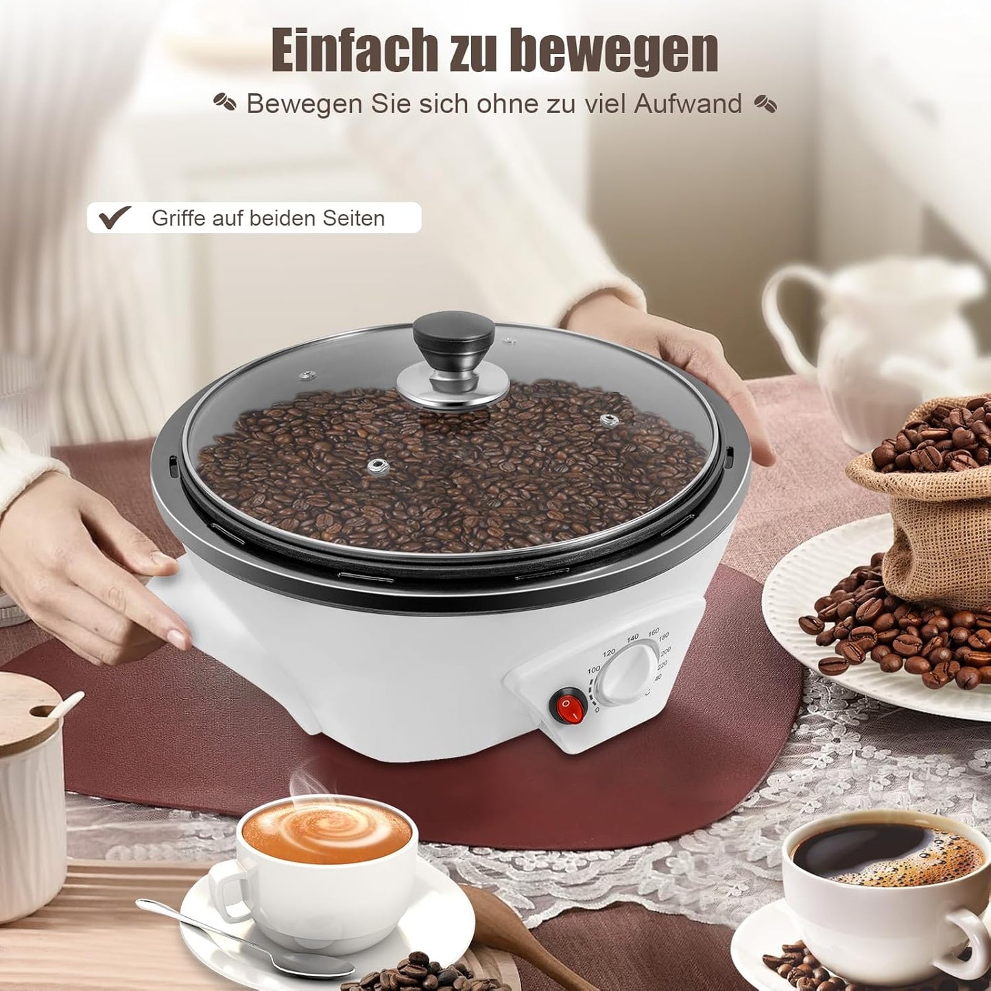 Coffee Roaster Machine for Home Use, 800W Tostadora De Cafe Coffee Bean Roaster Adjustable Temperature with Stir Bar And Glass Cover for Beans, Red Beans, Nuts