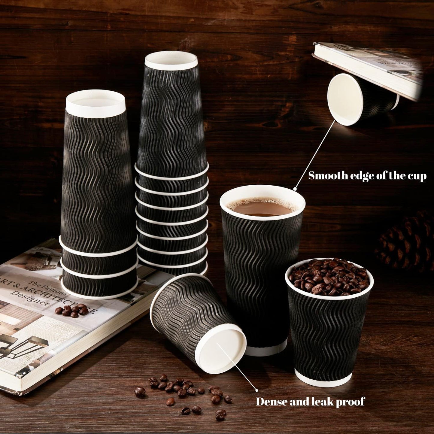 Lamosi 8 oz Disposable Coffee Cups - 120 Pack, Insulated Corrugated Paper Cups, Kraft Ripple Wall Cups for Hot Beverage or Cold Drinks (Black)