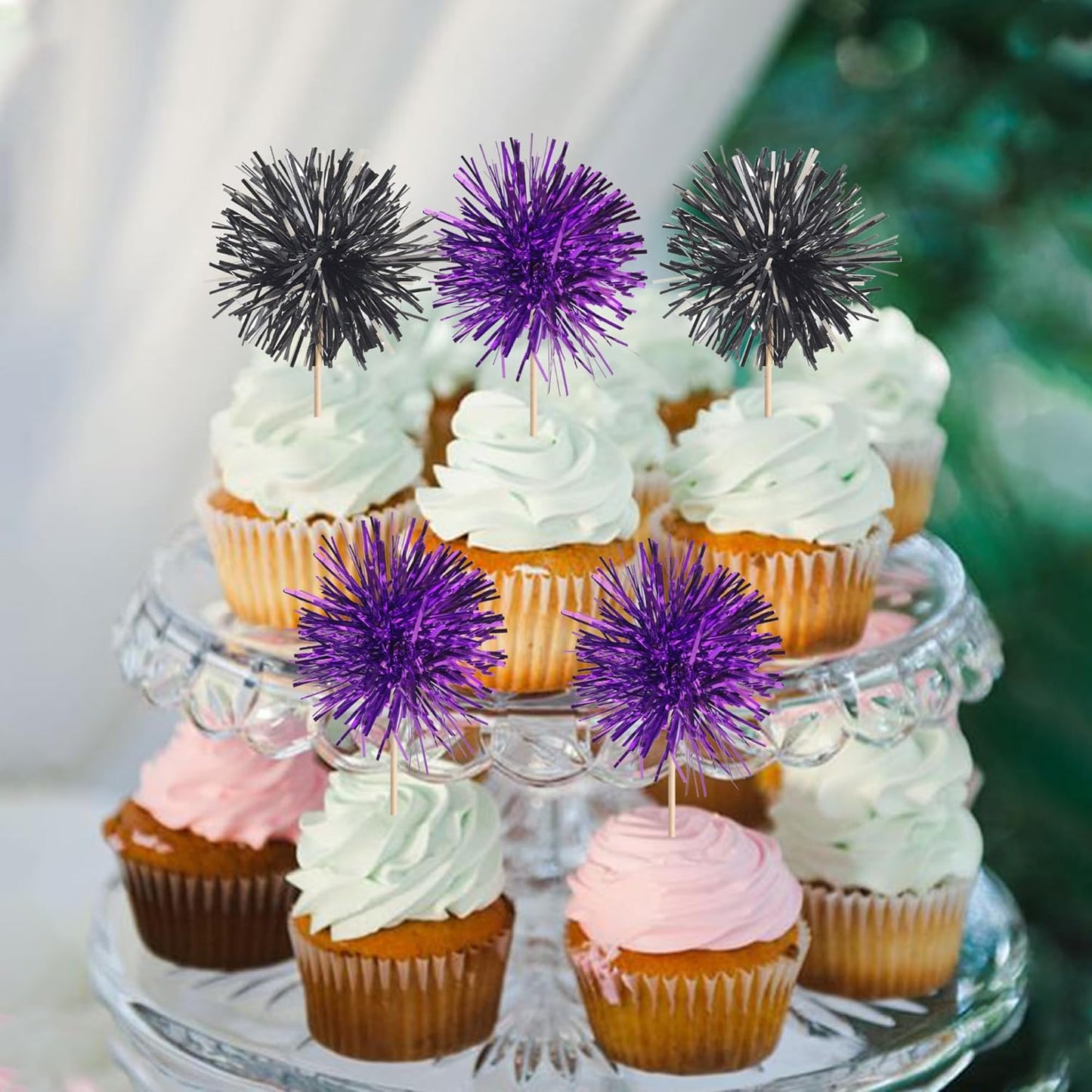 40 PCS Foil Firework Cupcake Toppers Sparkle Tinsel Cupcake Picks Fireworks Birthday Party Decorations Cocktail Fruit Toothpick for Birthday Wedding Graduation Party Decorations Supplies Black Purple