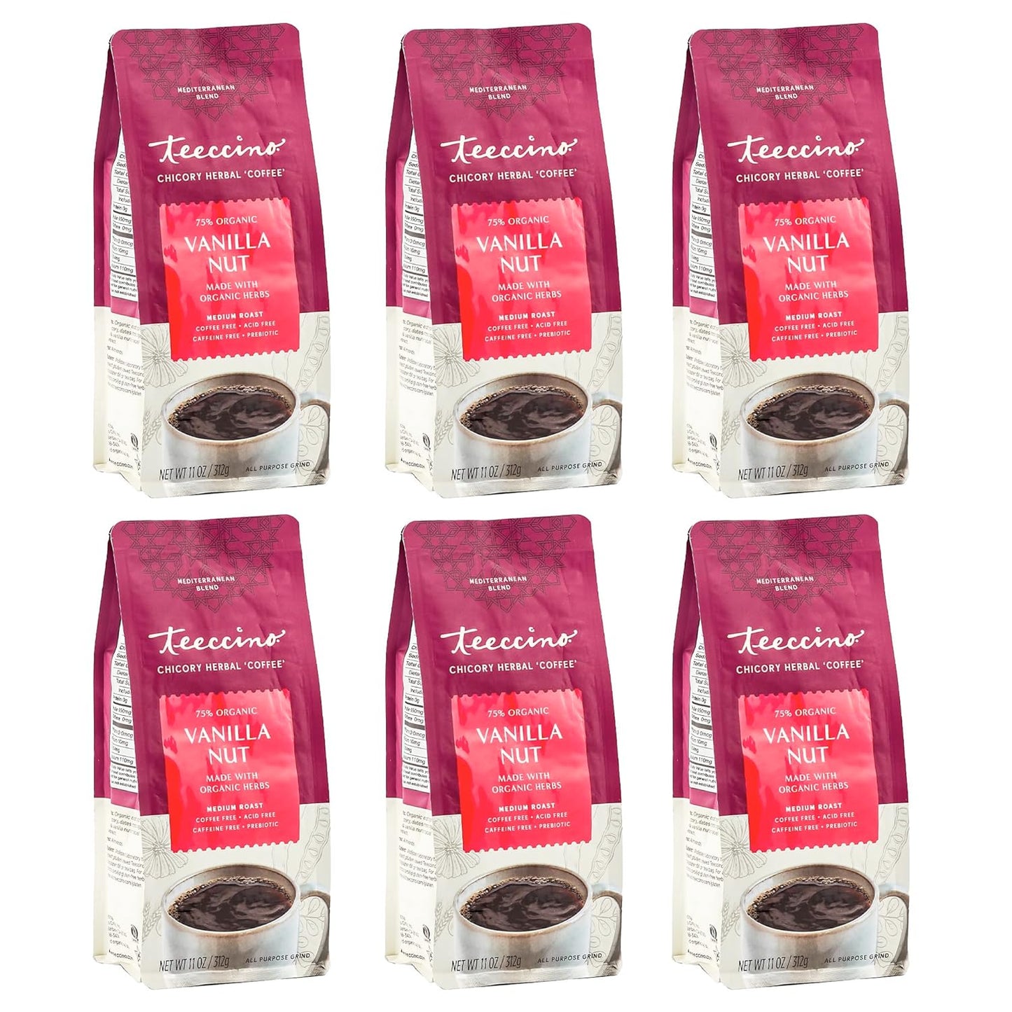 Teeccino Vanilla Nut Chicory Coffee Alternative - Ground Herbal Coffee That’s Prebiotic, Caffeine Free & Acid Free, Medium Roast, 11 Ounce (Pack of 6)