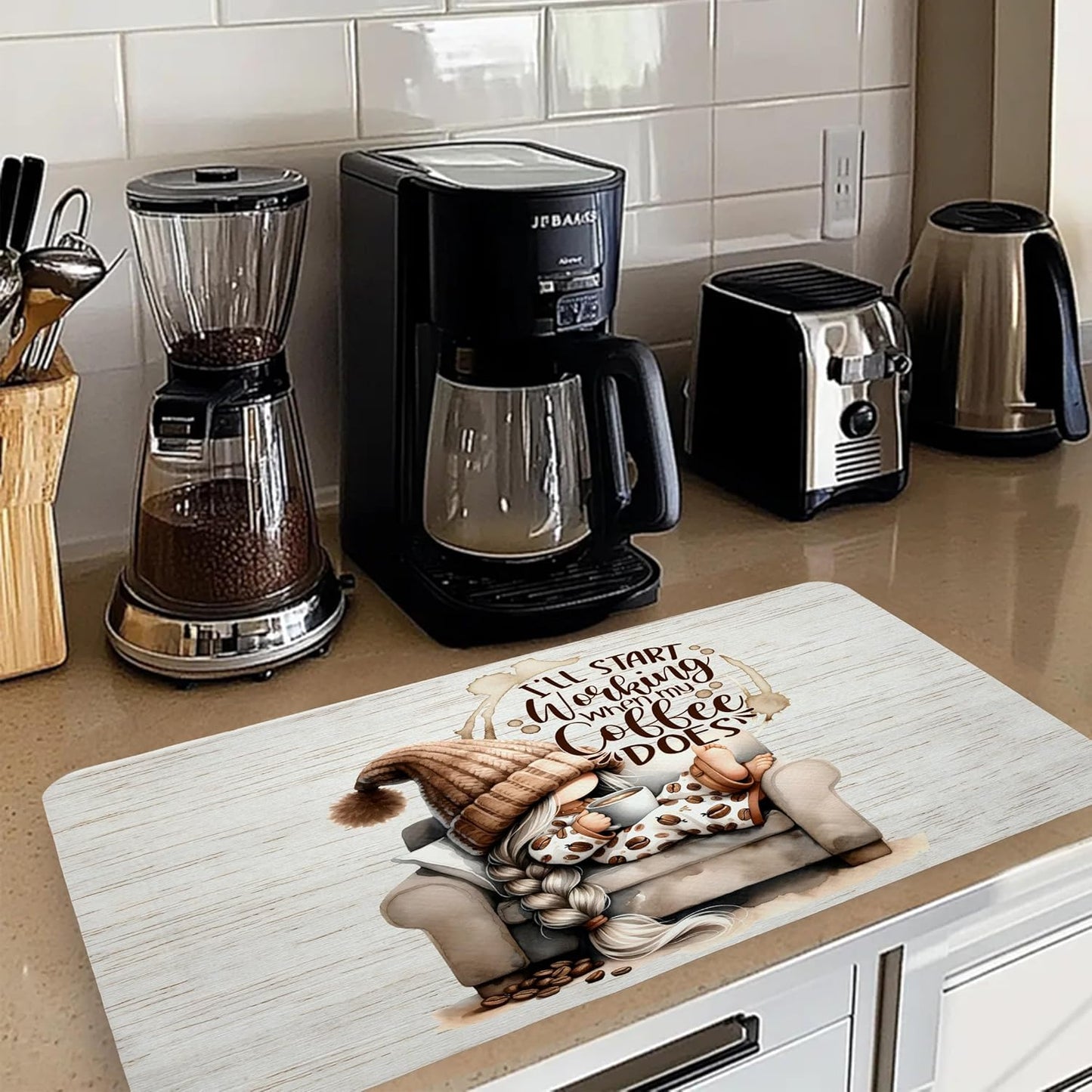 Espresso Lovers Gifts Dish Drying Mat, Funny Cute Gnome Girl Coffee Bar Mat for Countertops, Espresso Absorbent Dish Drying Mats for Kitchen Counter Coffee Maker, 16x24 Inch