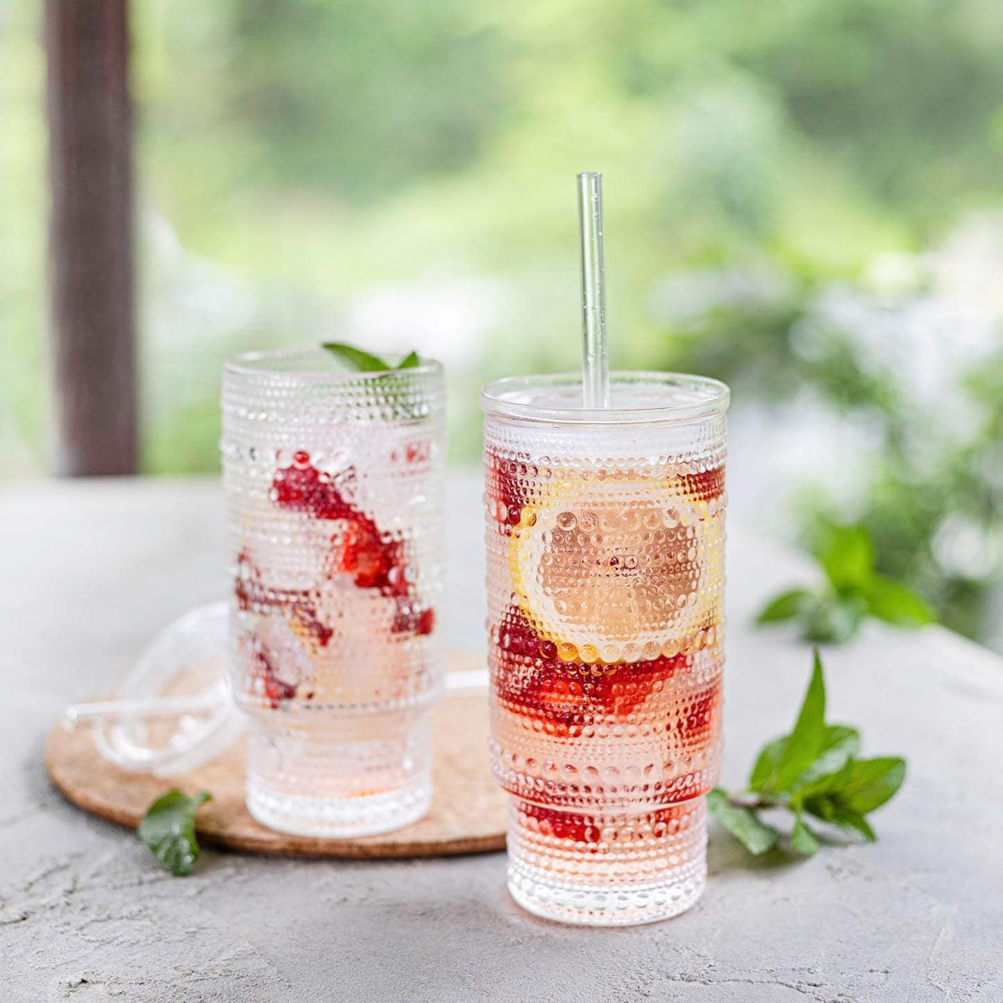 All Glass Hobnail Tumbler with Glass Lid and Straw, Beaded Style Set of 2 (16 oz Hobnail)