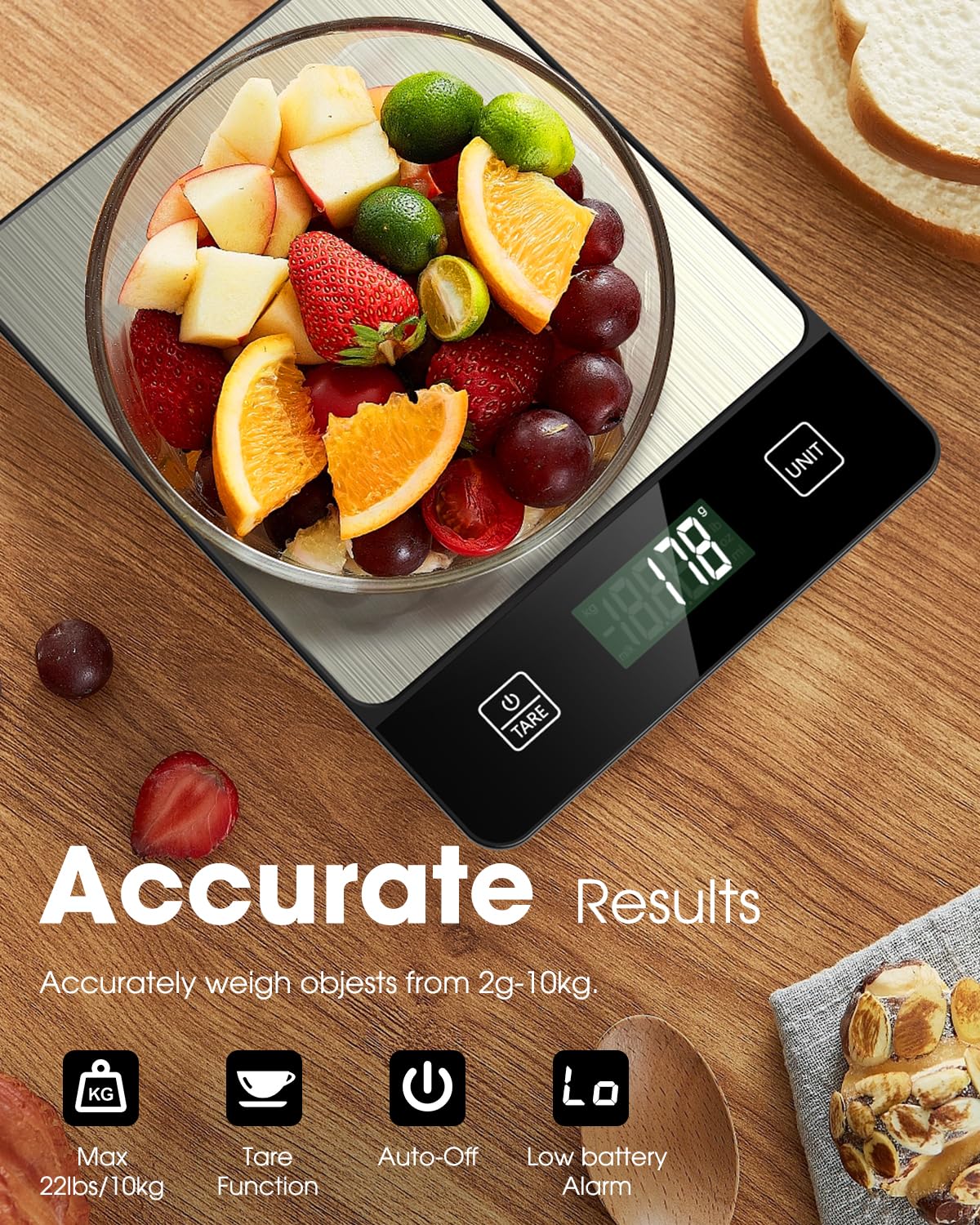 Mik-Nana Food Scale, 22lb Digital Kitchen Scale Weight Grams and Oz for Baking Cooking Coffee Meal Prep Package Postage, 6 Units with Tare Function, 1g/0.04oz Precise Graduation (Black)