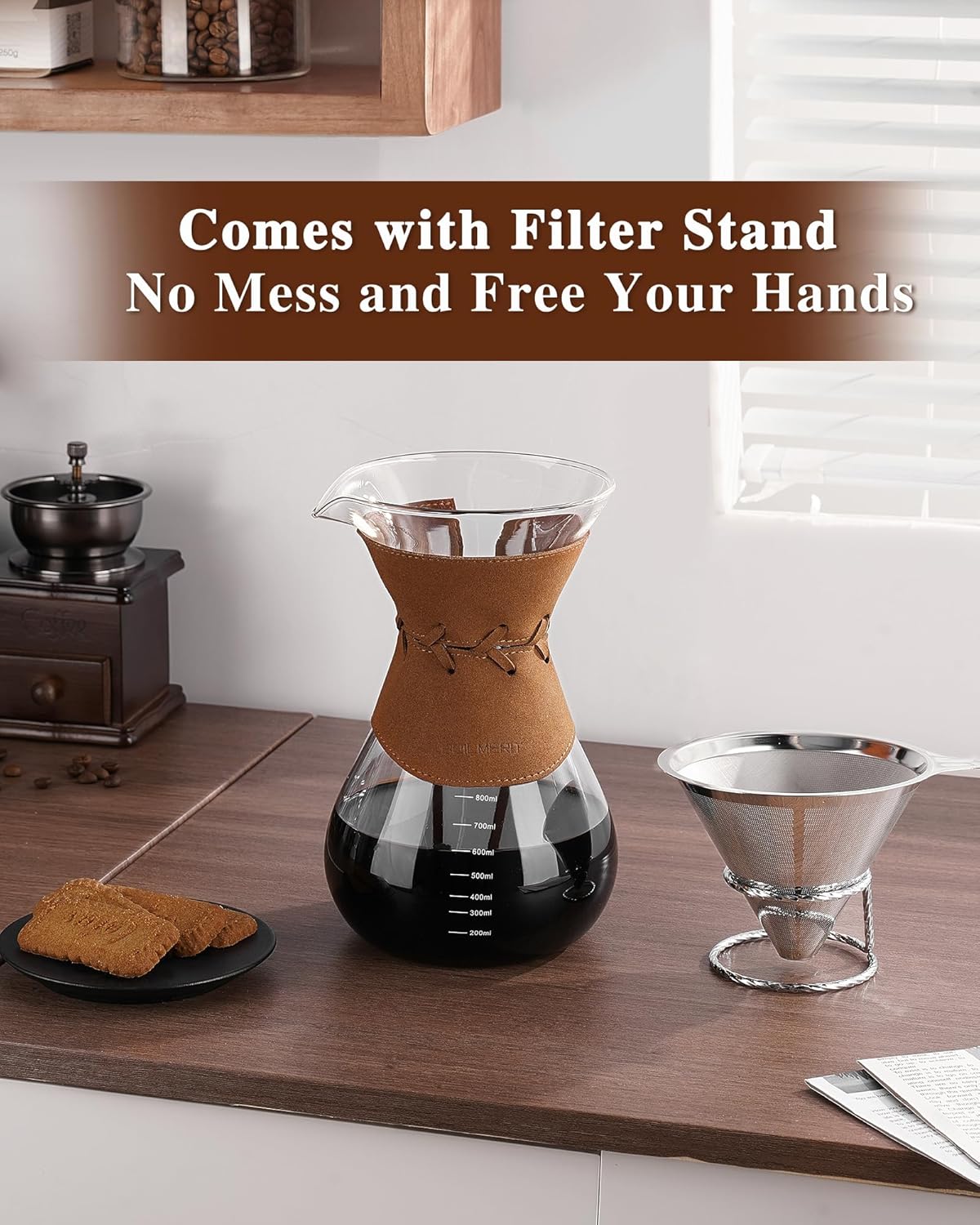 Pour Over Coffee Maker with Double-Layer Stainless Steel Filter - 27 oz Pour Over Coffee Dripper with Leather Collar, Heat Resistant 5 Cups Glass Coffee Carafe with Cork Lid for Hand Brewing Lovers