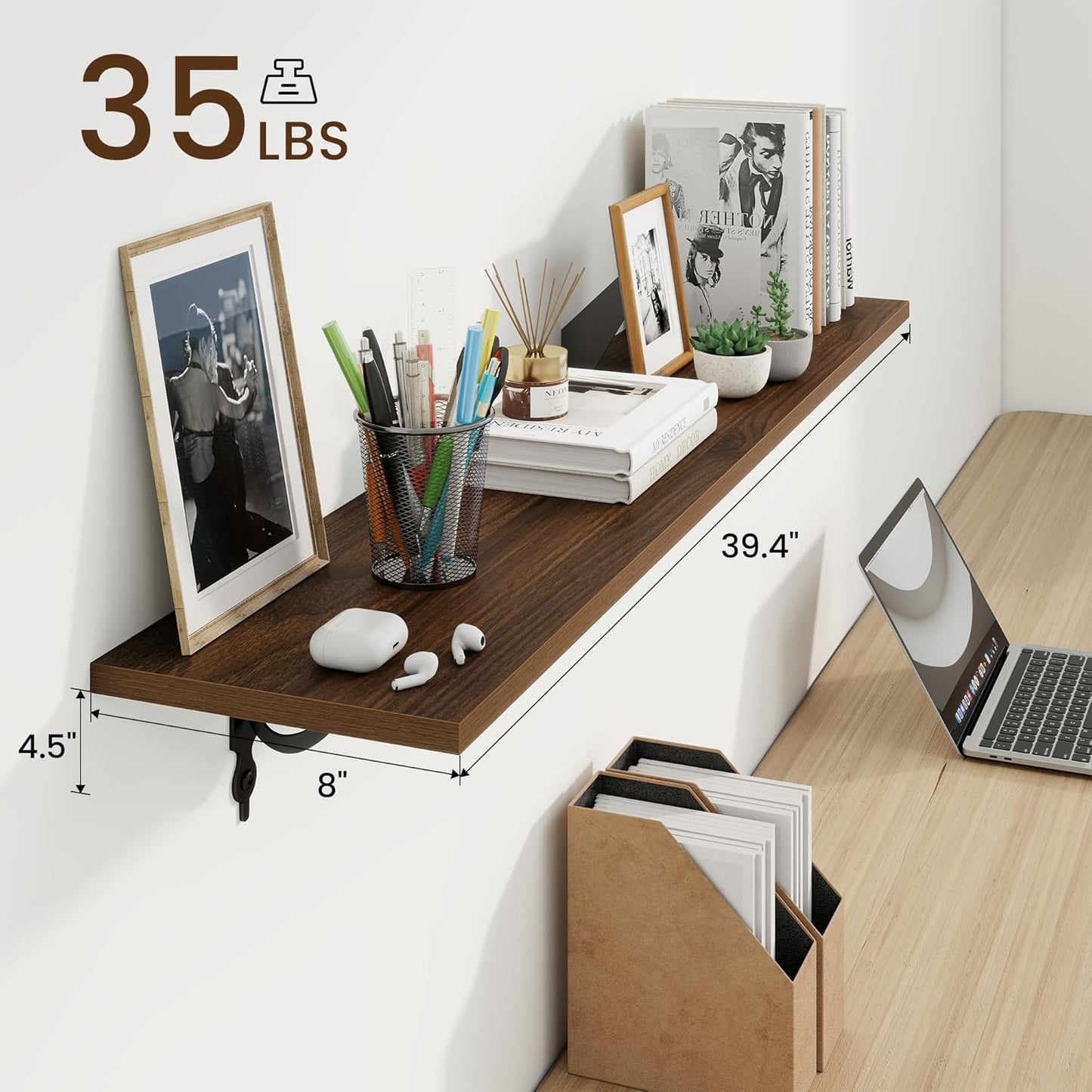 RICHFOCUS Floating Shelves for Wall Decor, 39.4W x 8D Wall Shelves Set of 2, 8 Inch Deep Rustic Wood Shelves Wall Mounted with Brackets, Long Floating Shelves for Living Room Bedroom Kitchen, Walnut