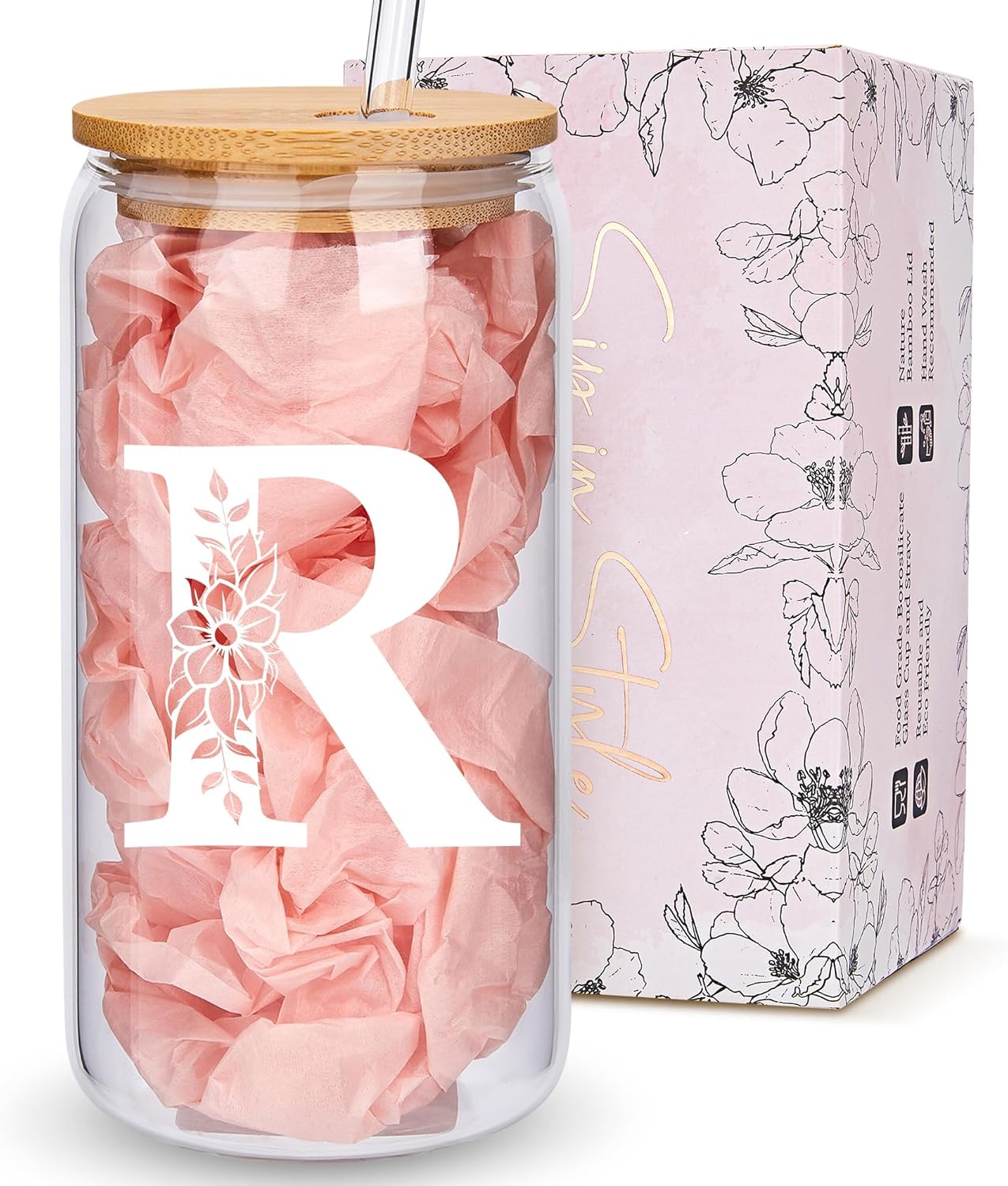 Personalized Gifts for Women, Monogrammed Glass Cups with Lids and Straws, Custom Tumbler, Cute Customized Mug, Aesthetic Stuff, Initial Iced Coffee Cup, Drinking Glasses, Birthday Teacher Gifts, R