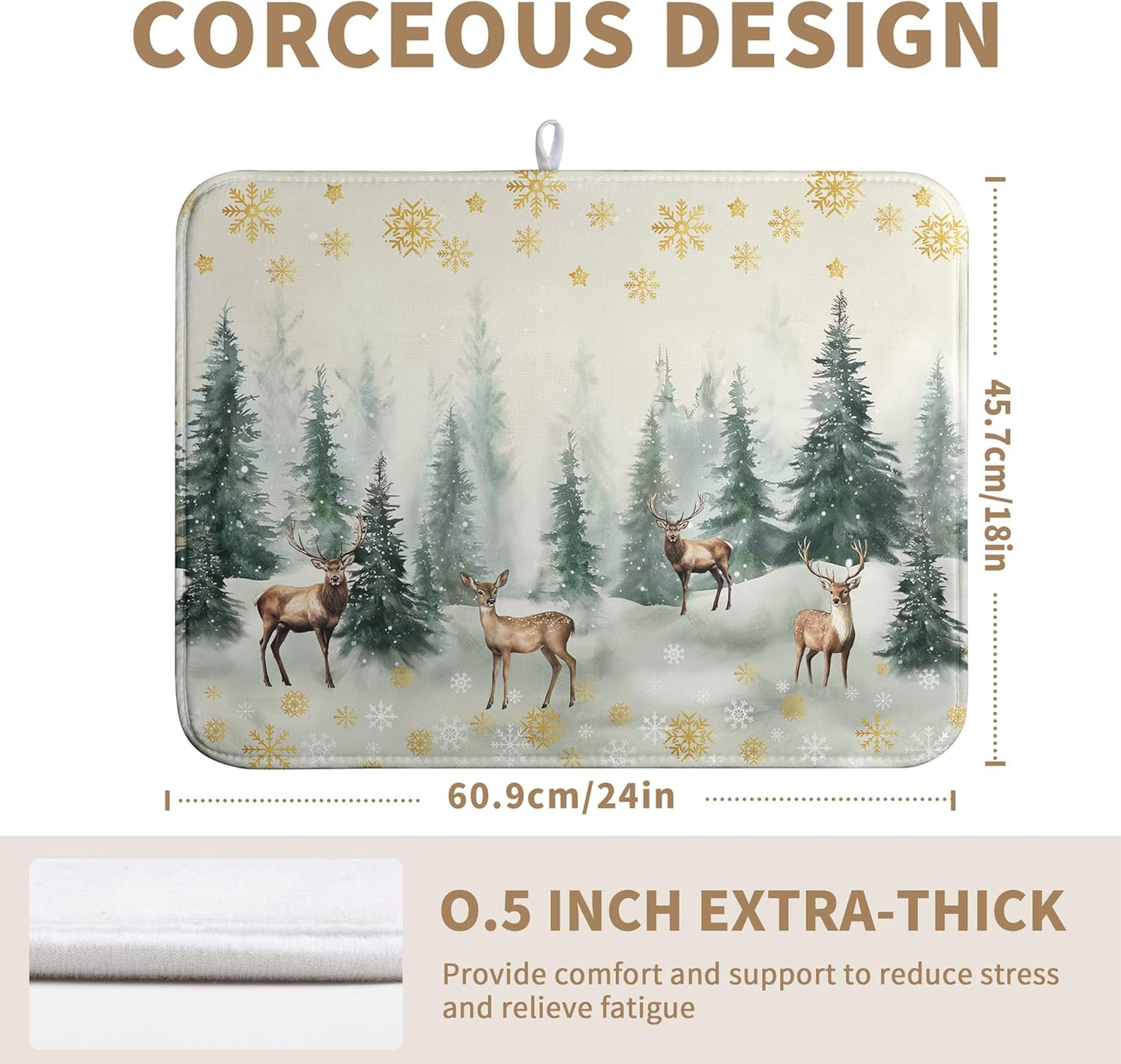 Winter Deer Snowflakes Dish Drying Mat Christmas Snow Forest Large Kitchen Mats Dish Drying Pad Absorbent Dish Dryer Mat for Kitchen Countertops Microfiber Drainer Pad Dish Drying Mats (18x24 in)