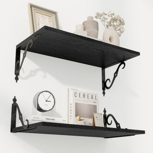 RICHFOCUS 12 Inch Deep Floating Shelves for Wall, 24" W x 12" D Black Wood Wall Shelves Set of 2, Wide Floating Shelves for Living Room, Bedroom, Kitchen, Bathroom and Decor Storage, Black