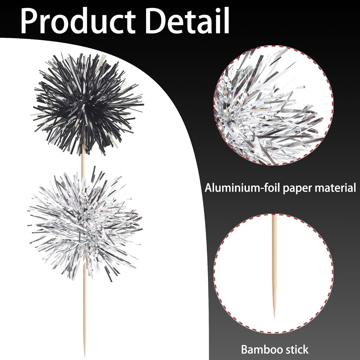 40 PCS Foil Firework Cupcake Toppers Sparkle Tinsel Cupcakae Picks Foil Firework Party Decorations Cocktail Fruit Toothpick for Fireworks Theme Birthday Wedding Graduation Party Decor Black Silver