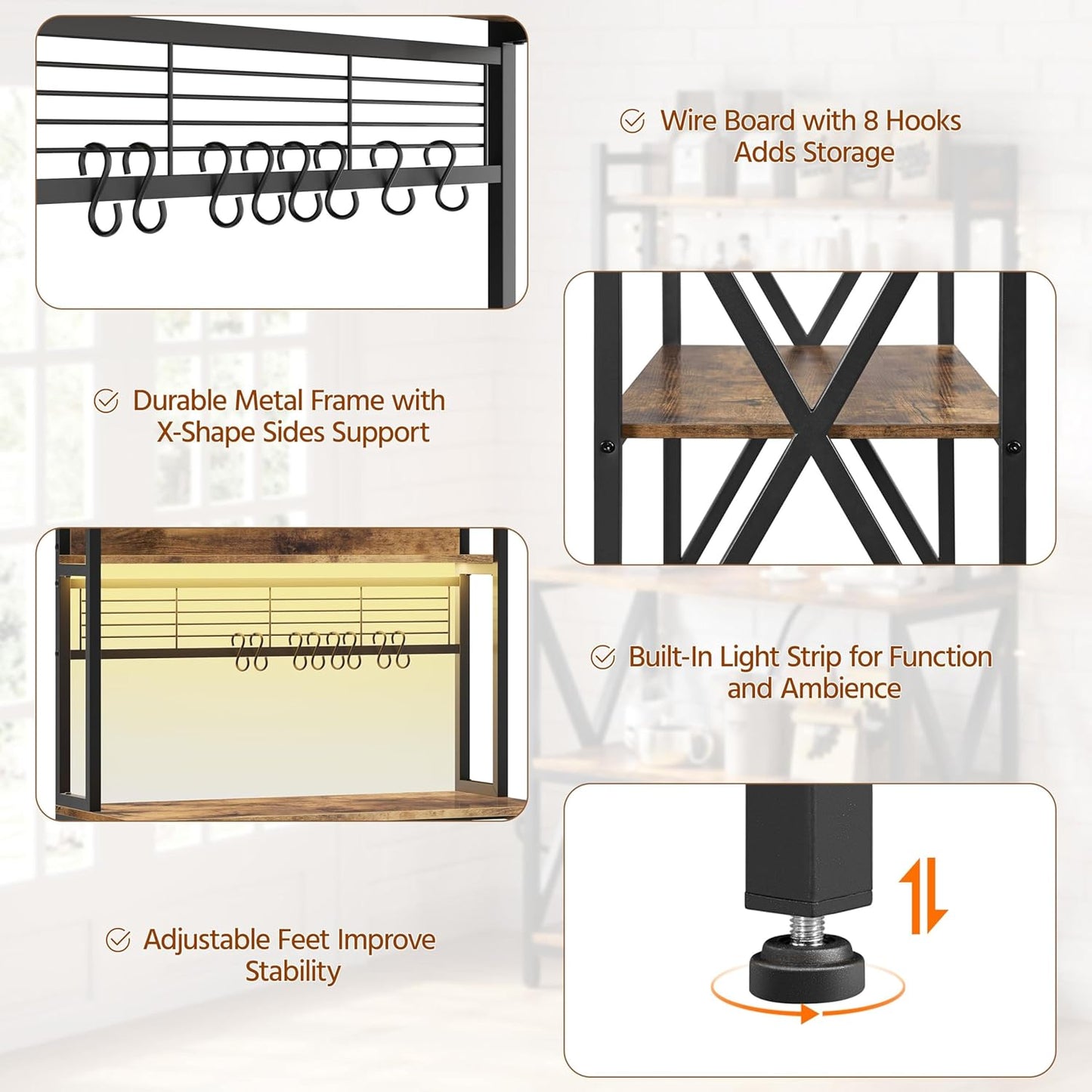 Yaheetech Kitchen Bakers Rack with Power Outlet & LED Lights, 5 Tiers Coffee Bar Table with 8 S Hooks, 64 Inches Tall Microwave Oven Stand with Storage for Spices, Pots, Rustic Brown