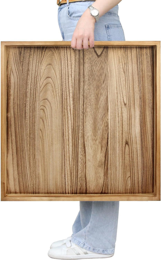 Square Ottoman Table Tray 24" - Rustic Wooden Serving Tray for Farmhouse Decorative Oversized Coffee Table Trays Living Room Kitchen Counter Breakfast Nature