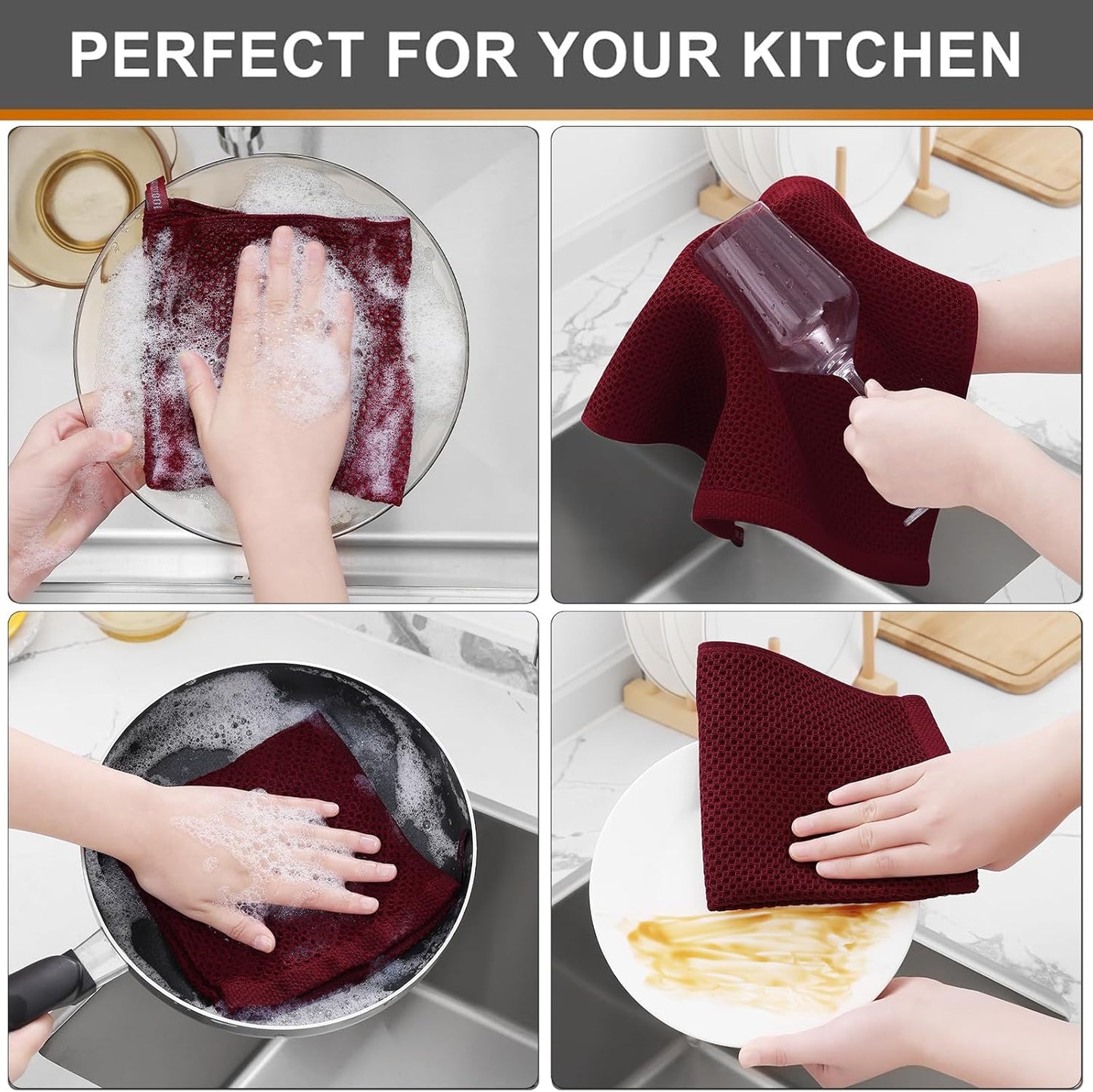 Kitinjoy 100% Cotton Kitchen Dish Cloths, 8 Pack Waffle Weave Ultra Soft Absorbent Dish Towels for Drying Dishes Quick Drying Kitchen Towels Dish Rags, 12 X 12 Inches, Burgundy