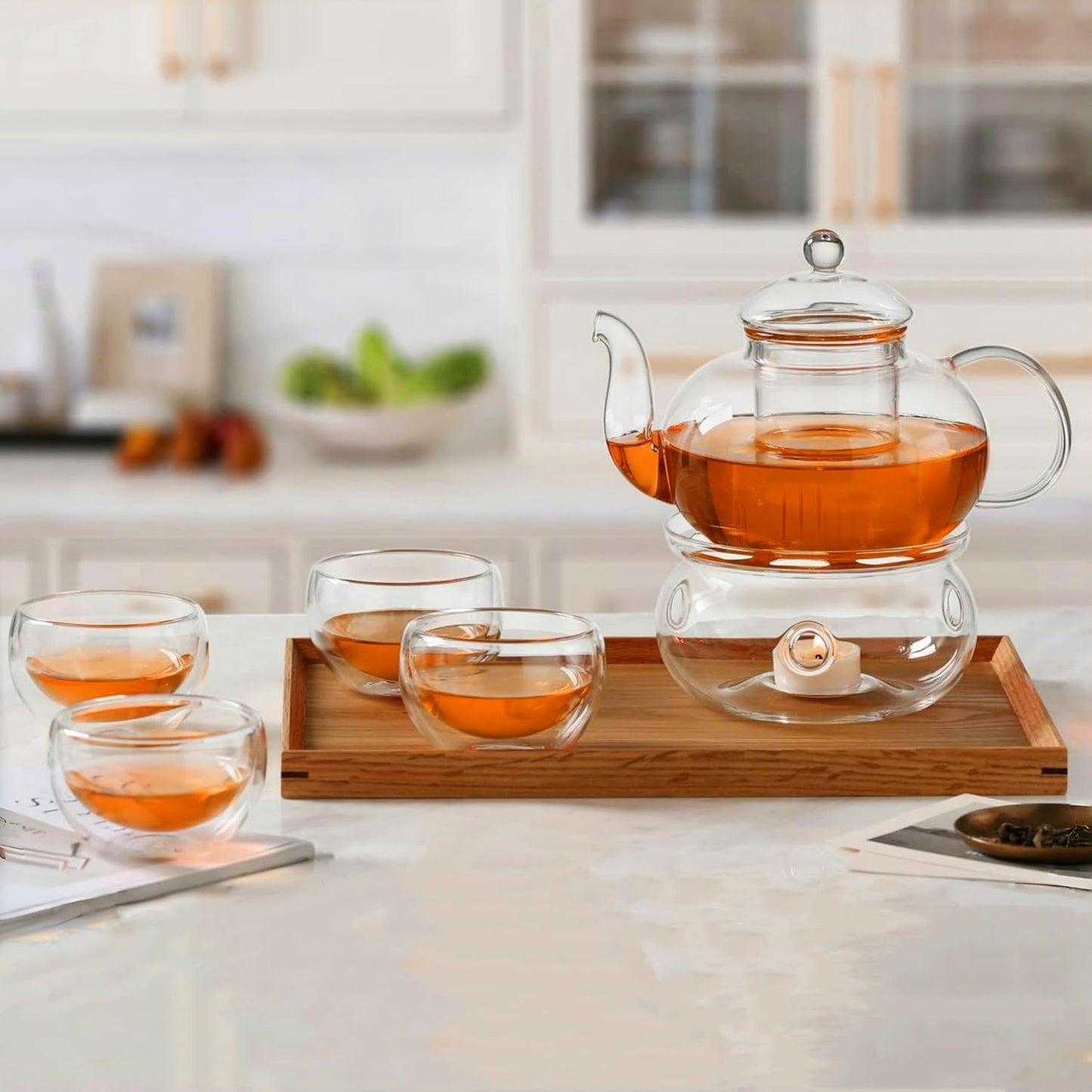 CnGlass 33.8oz Glass Teapot with Removable Infuser,Stovetop Safe Tea Kettle with 4-Pack Glass Teacups 3.4oz and Tea Warmer 5.3 in/13.5cm Diameter