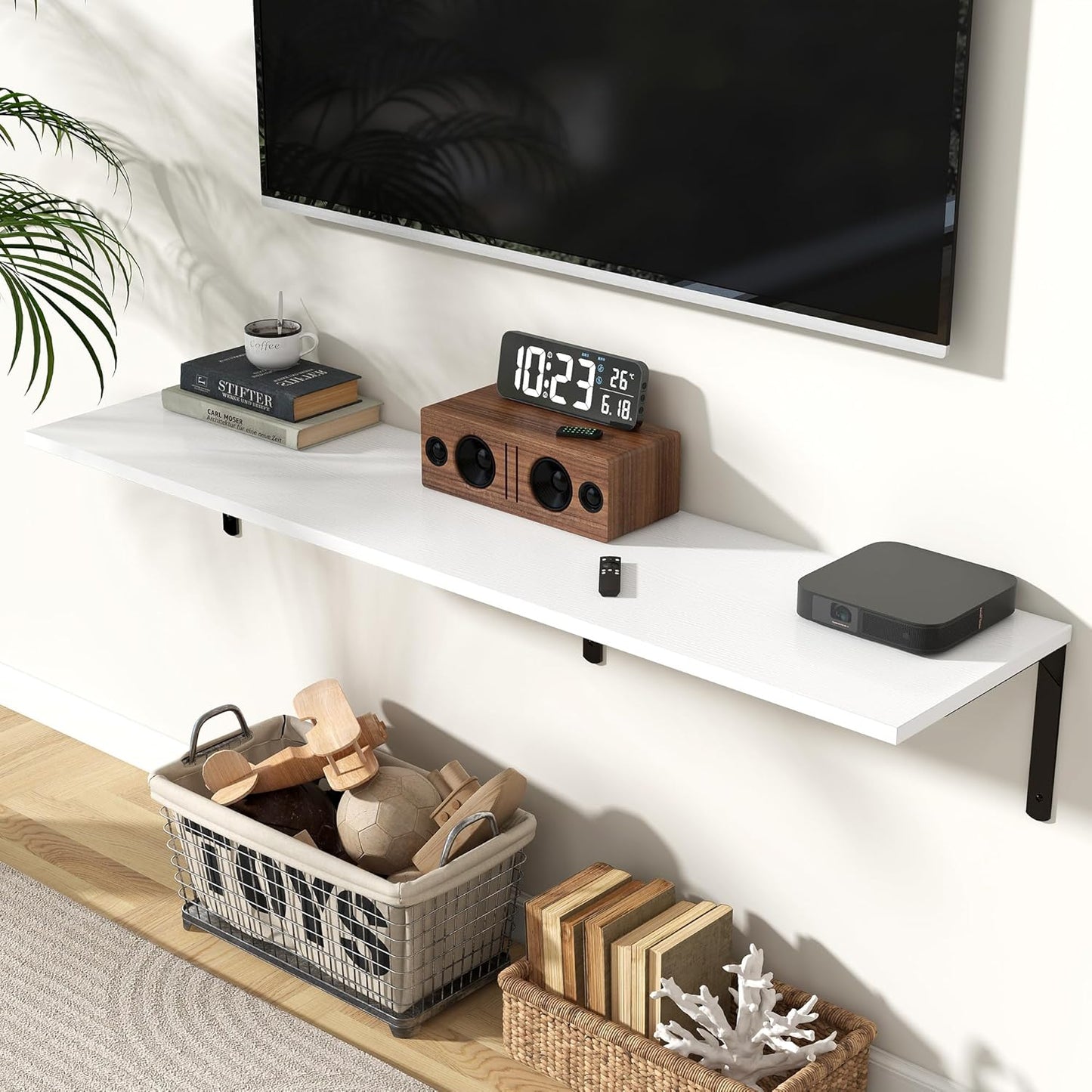 Fun Memories Floating Shelves for Wall, 12 Inch Deep Floating Shelves Set of 2, Wall Mounted Shelf with Metal Brackets, Rustic Wood Wide Shelf for Bathroom, Kitchen and Living Room, White, 55W x 12D