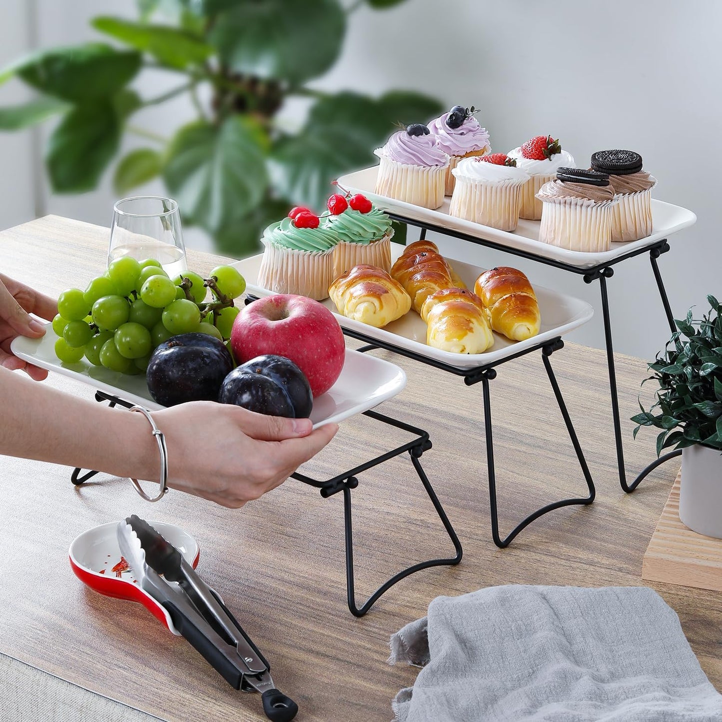 HAPPY KIT 3 Tier Serving Tray Set and Tiered Tray Stand,12 Inch Widened Porcelain Platters with Freely Combinable Rack,Decor Cupcake Stand for Christmas Party Display,Dessert Trays Collapsible