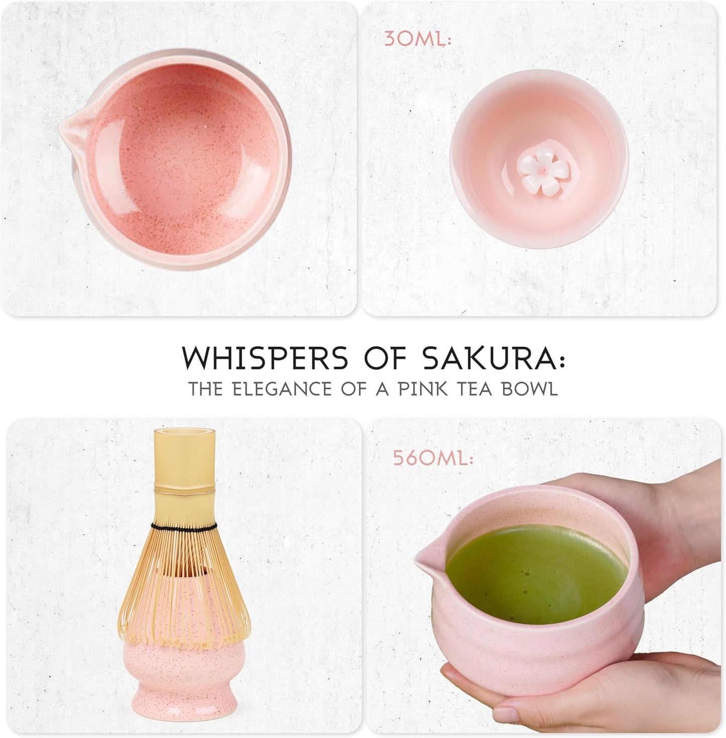 Pink Matcha Set, 8 Pcs Matcha Whisk Set with Porcelain Sakura Tea Cup, Matcha Bowl, Whisk and Holder, Bamboo Scoop, Scoop Rest, Sifter, Tea Mat - Gift for Matcha Lover