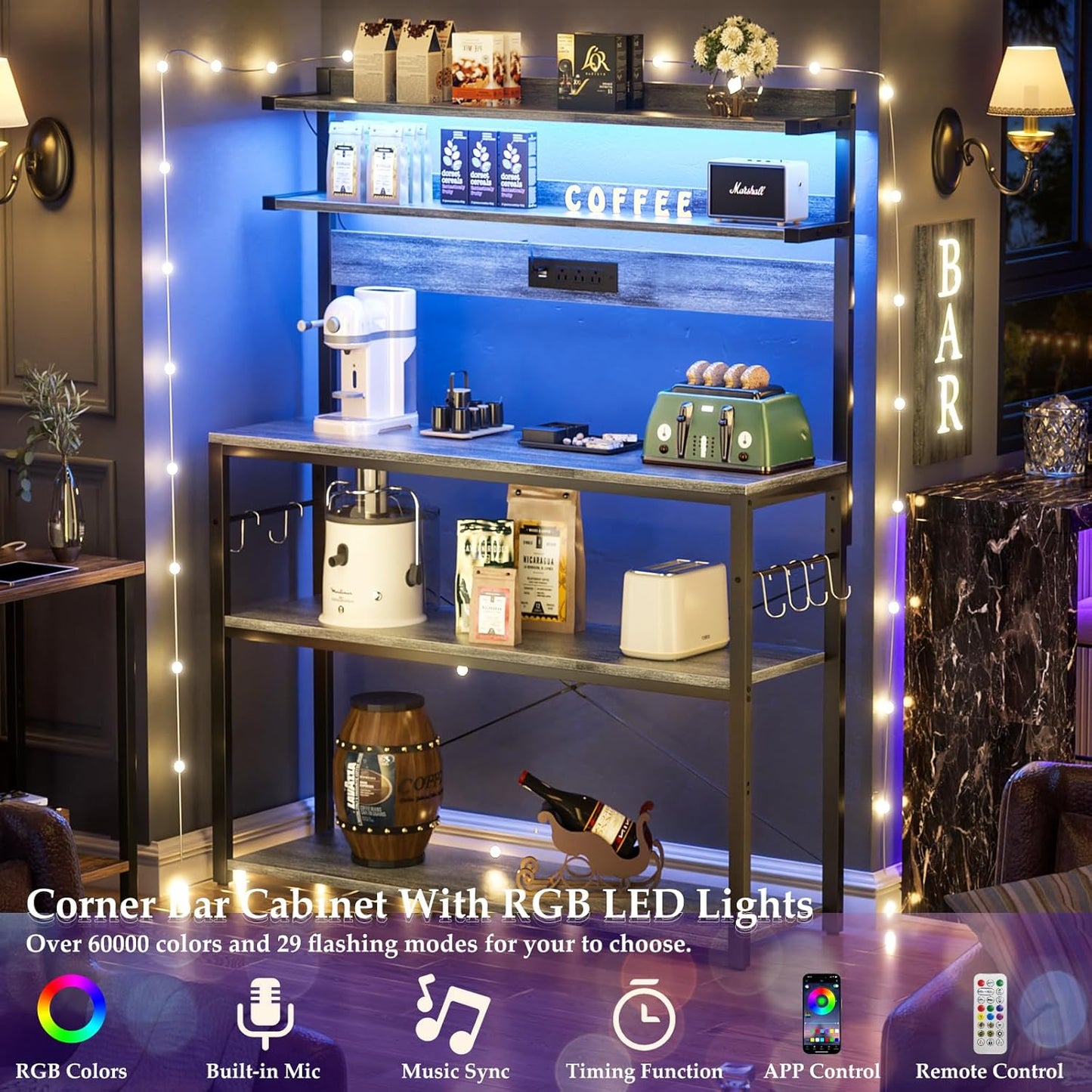 Aheaplus Bakers Rack with Power Outlet, Microwave Stand, 5 Tiers Coffee Bar Station with Led Lights, Kitchen Storage Shelf with 6 S-Shaped Hooks, Kitchen Rack Coffee Bar Stand, White Oak