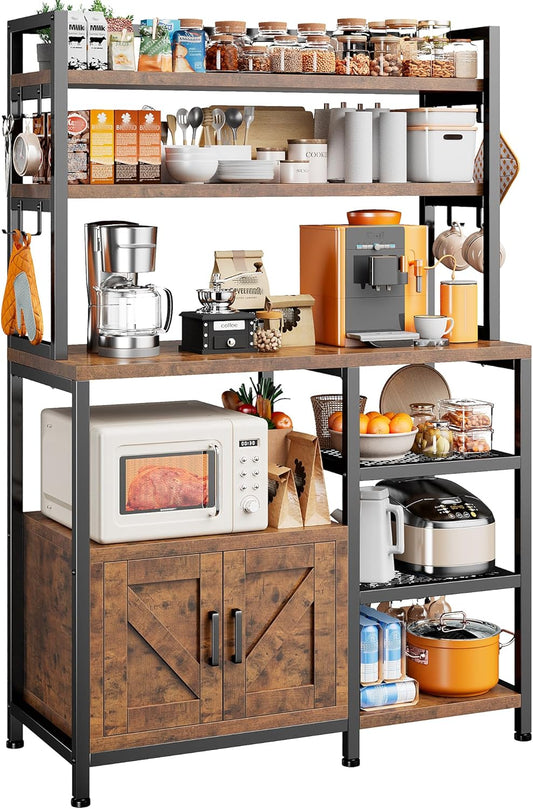 EnHomee Bakers Rack, 6 Tier Microwave Stand, Coffee Bar Organizer with 8 L-Shaped Hooks, Kitchen Shelves with Large Capacity Storage, 14.1 x 30.1 x 63.1 Inches, Rustic Brown
