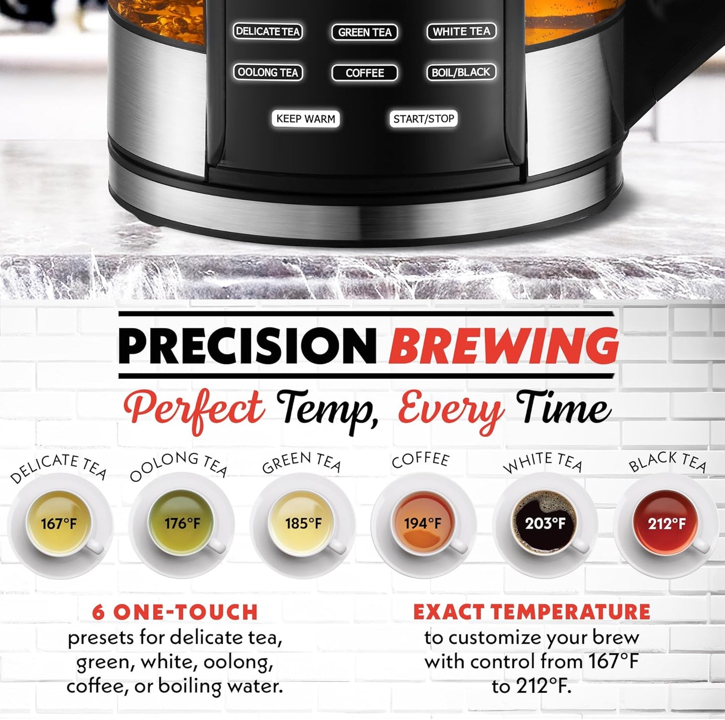 Gourmia Electric Programmable Glass Kettle – 1.7L Temperature Control Tea & Coffee Kettle with Digital Touch Display, 6 Presets, Keep Warm, Removable Stainless Steel Infuser, 360° Swivel Base – White