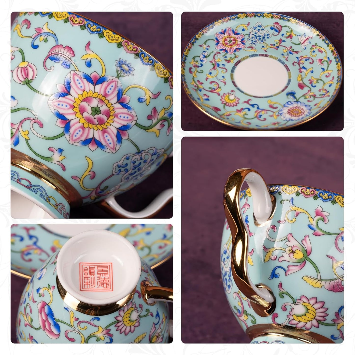 KAMMAK Tea Cups and Saucers Set of 2, Porcelain Coffee Cups with Saucer for Espresso, Cappuccino, 7.5oz Vintage Yellow and Blue Ceramic Demitasse Mug for Home, Tea Party, Office