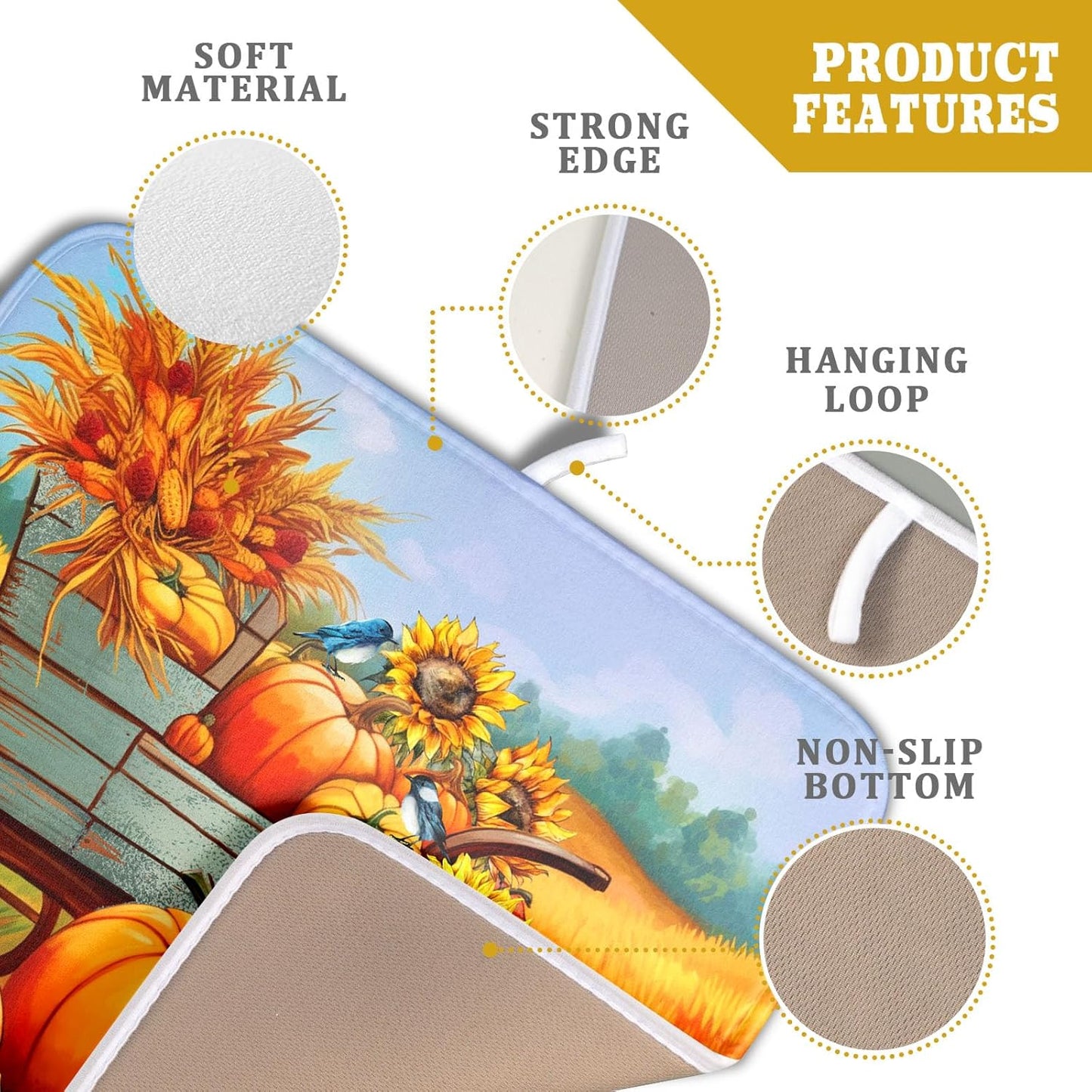 Thanksgiving Autumn Harvest Pumpkin Dish Drying Mat for Kitchen Counter,Sunflowers and Cart Drying Mat 16 x 18 Inch Microfiber Dish Drying Pad Ear of Rice Dish Rack Drainer Mat for Coffee Bar