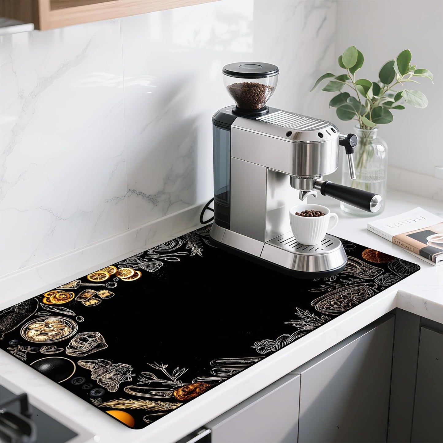 17"x 32" Coffee Bar Mat, Kitchen Ingredients Absorbent Dish Drying Mat Cuttable Hide Stain Draining Table Pad for Kitchen Counter, Coffee Bar Accessories