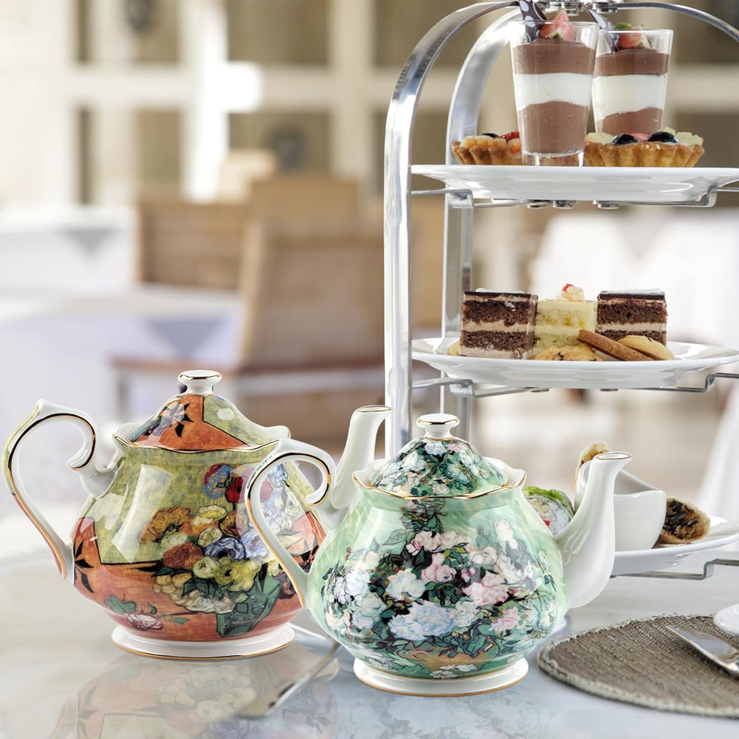 Teapot 30 oz Van Gogh Paintings Bone China Loose Tea Pot Floral Design Vintage Ceramic Coffee Water Pot European Style Porcelain (Flower Vase)