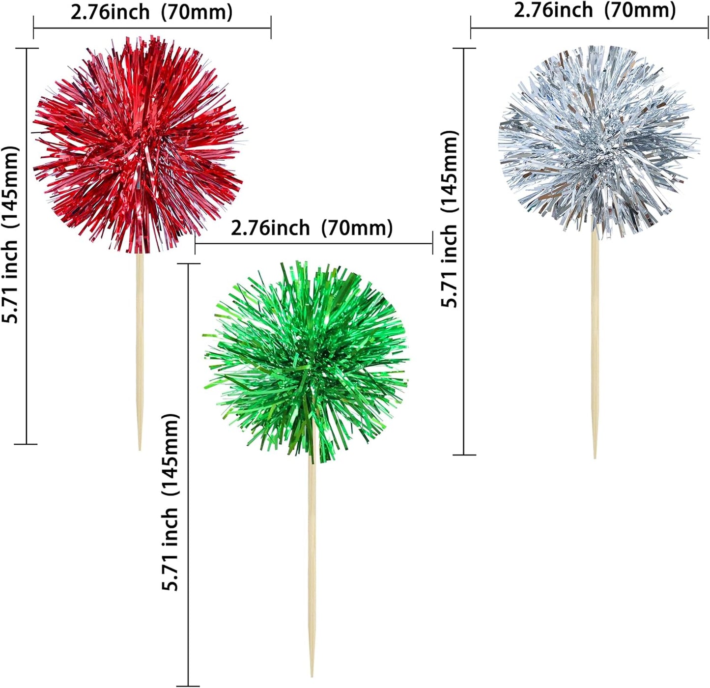 Gyufise 30Pcs Foil Firework Cupcake Toppers Sparkle Tinsel Cake Toppers Tinsel Drink Cake Decoration Cocktail Picks for Birthday Wedding Graduation Party Supplies Silver Green Red