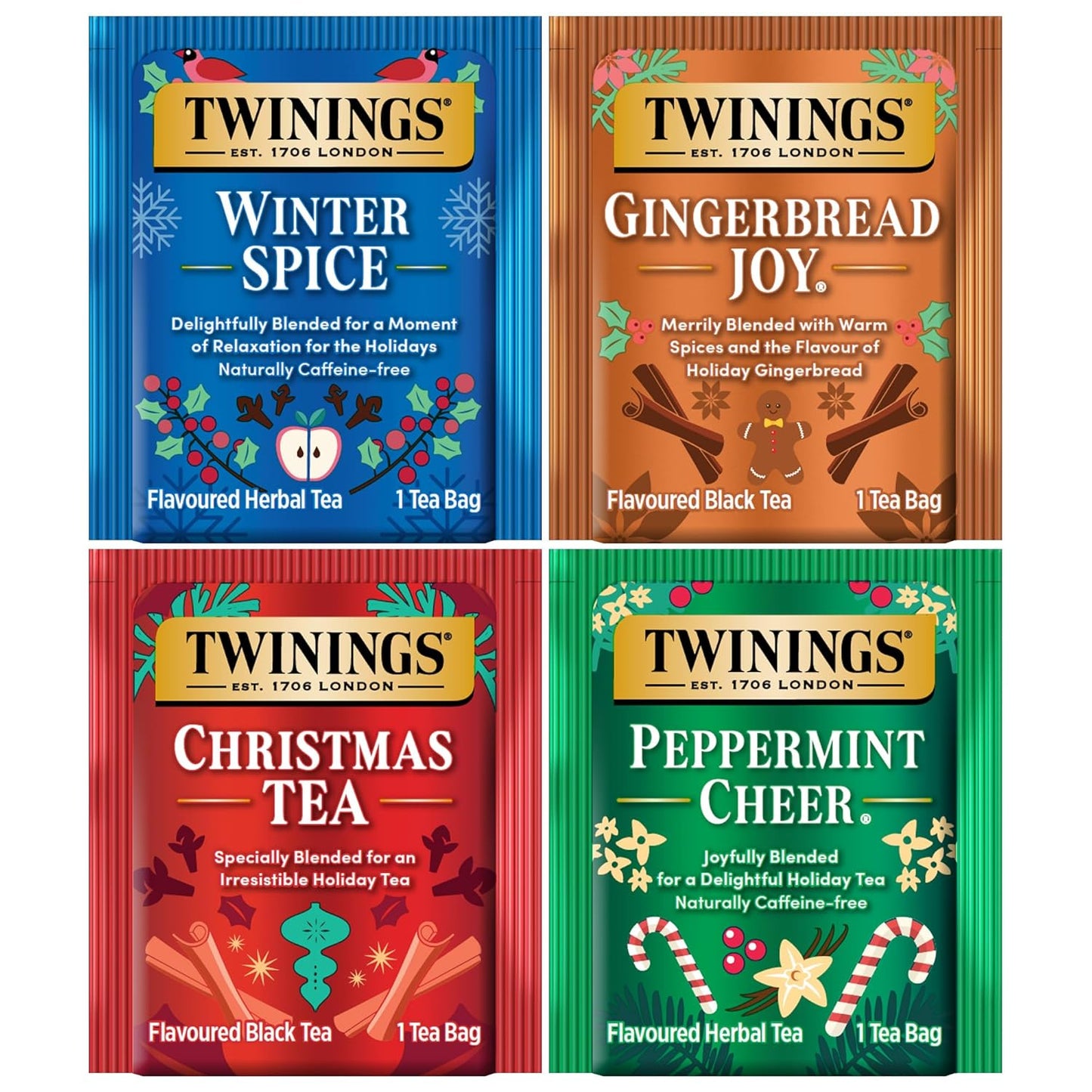 Twinings Holiday Variety Pack Tea Bags, Christmas Tea, Winter Spice, Gingerbread Joy, Peppermint Cheer, 20 Count (Pack of 4), Enjoy Hot or Iced, 80 Teabags