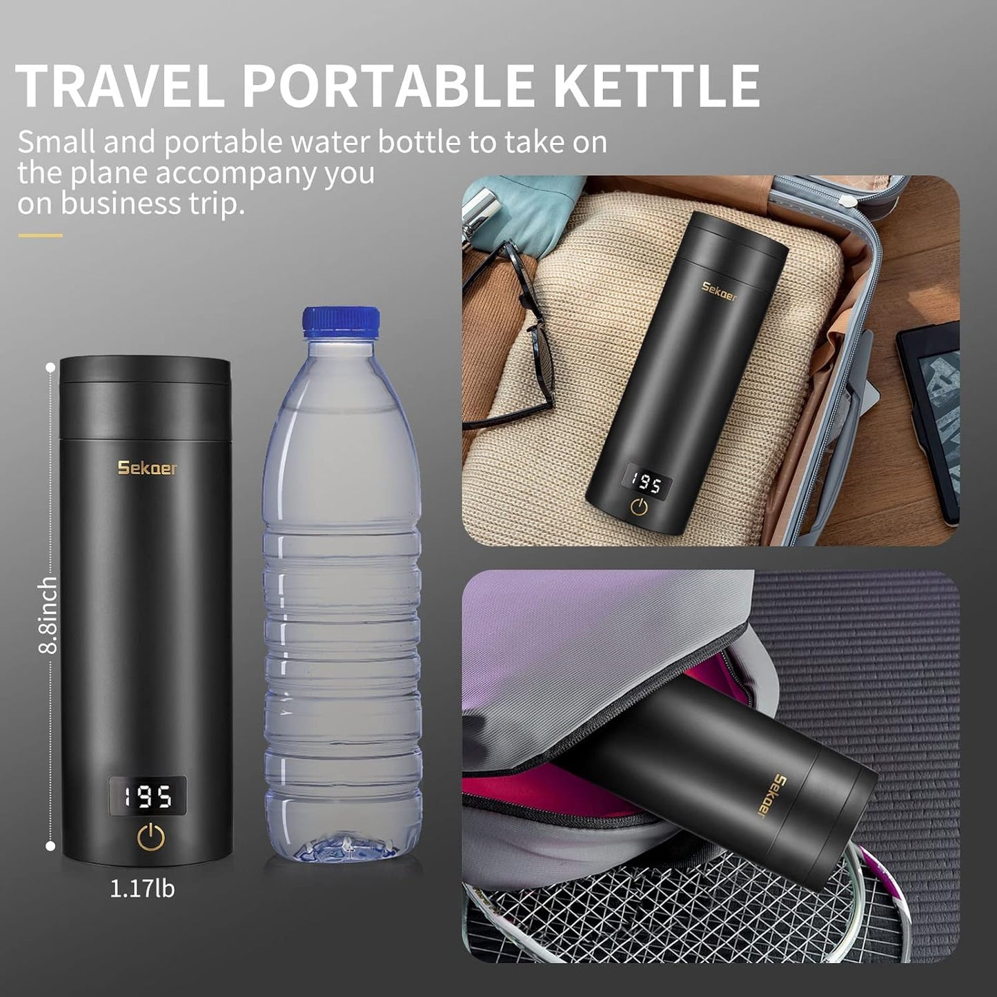 Sekaer Travel Electric Tea Kettle Portable Small Mini Coffee Kettle, with 4 Variable Presets, Personal Hot Water Boiler 304 Stainless Steel with Auto Shut-Off & Boil Dry Protection, SY-618B