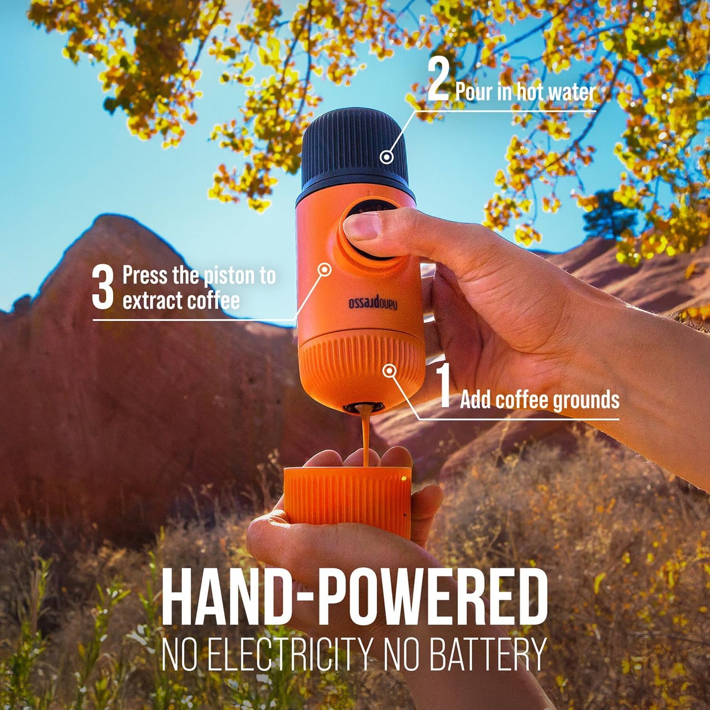 WACACO Nanopresso Portable Espresso Maker, Upgrade Version of Minipresso, 18 Bar Pressure, Small Travel Coffee Machine, Manually Operated, Perfect for Kitchen and Office, Orange