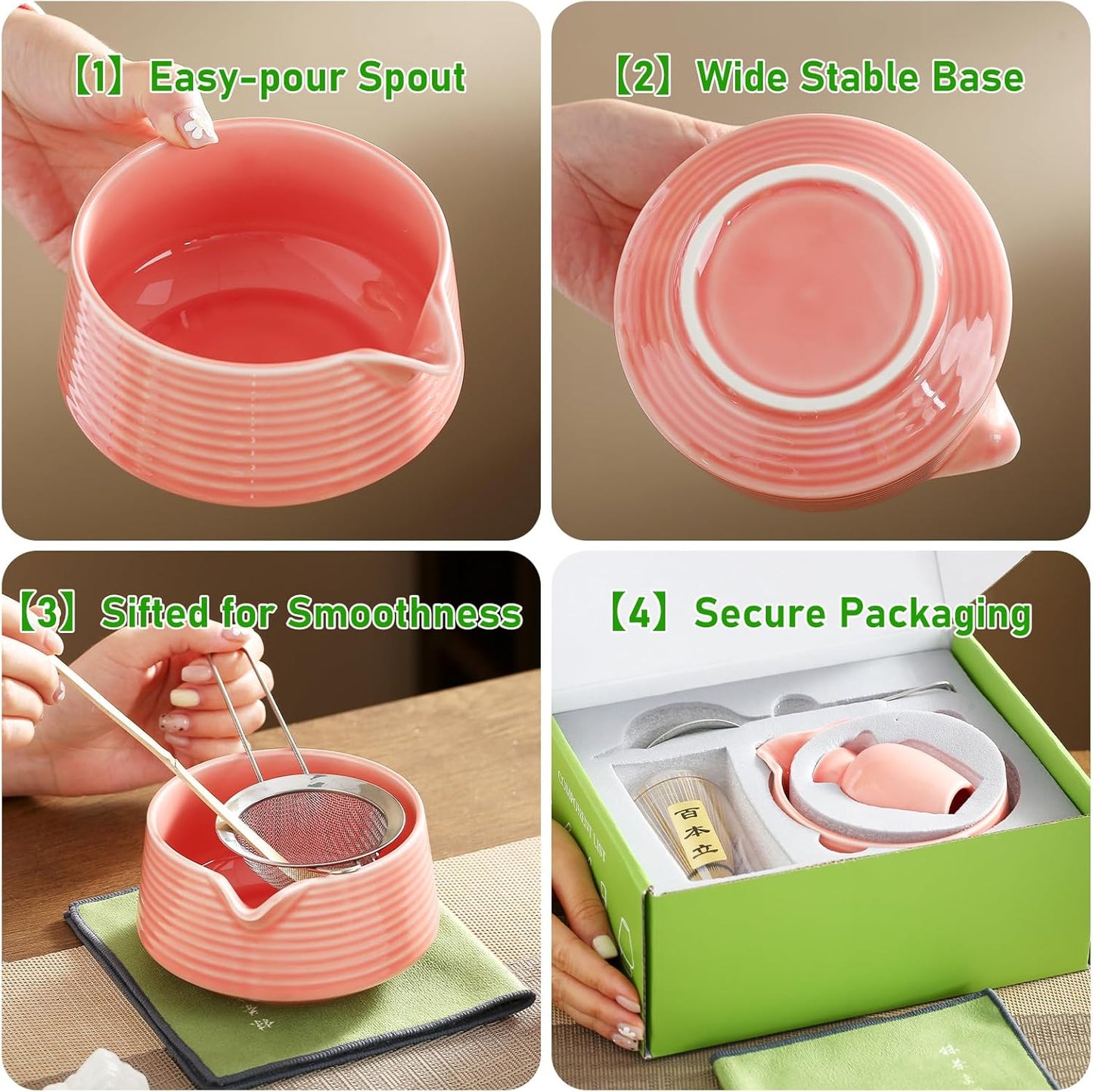 Matcha Whisk Set, Ceramic Matcha Set with Spout, Matcha Bowl Kit with Sifter, Whisk and Holder, Bamboo Scoop, Scoop Rest, Tea Towel, 7 Pcs Matcha Kit Set for Making Breakfast/Latte for Matcha Lovers