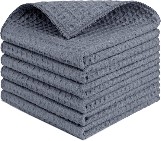 HOMEXCEL Waffle Weave Microfiber Cleaning Cloth, 6 Pack Highly Absorbent Cleaning Rag for Household, Reusable Kitchen Towels, Scratch-Free Barista Towels, 12 x 12 Inches, Grey