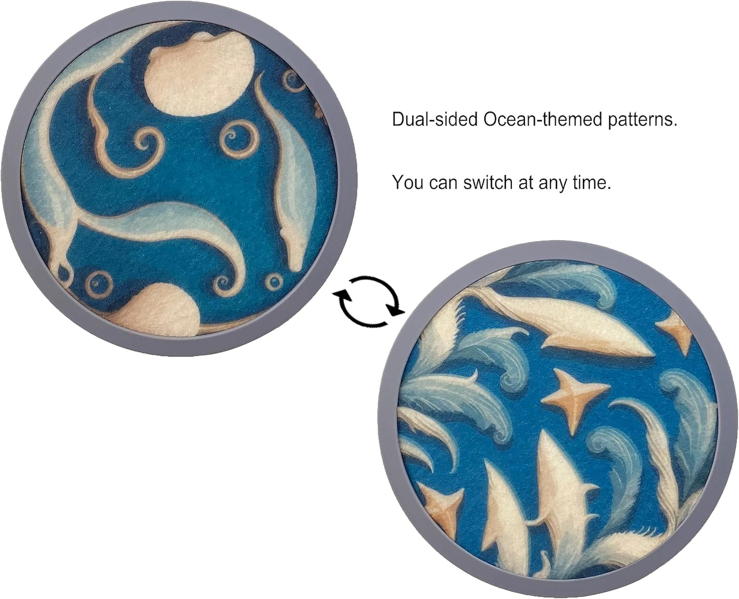 Absorbent Coasters for Drinks with Holder - 6packs, Silicone Coastes with Soft Felt Insert (4.3 inch Coasters with 4.5 inch Holder, Dual-Sided Ocean -Themed Patterns)