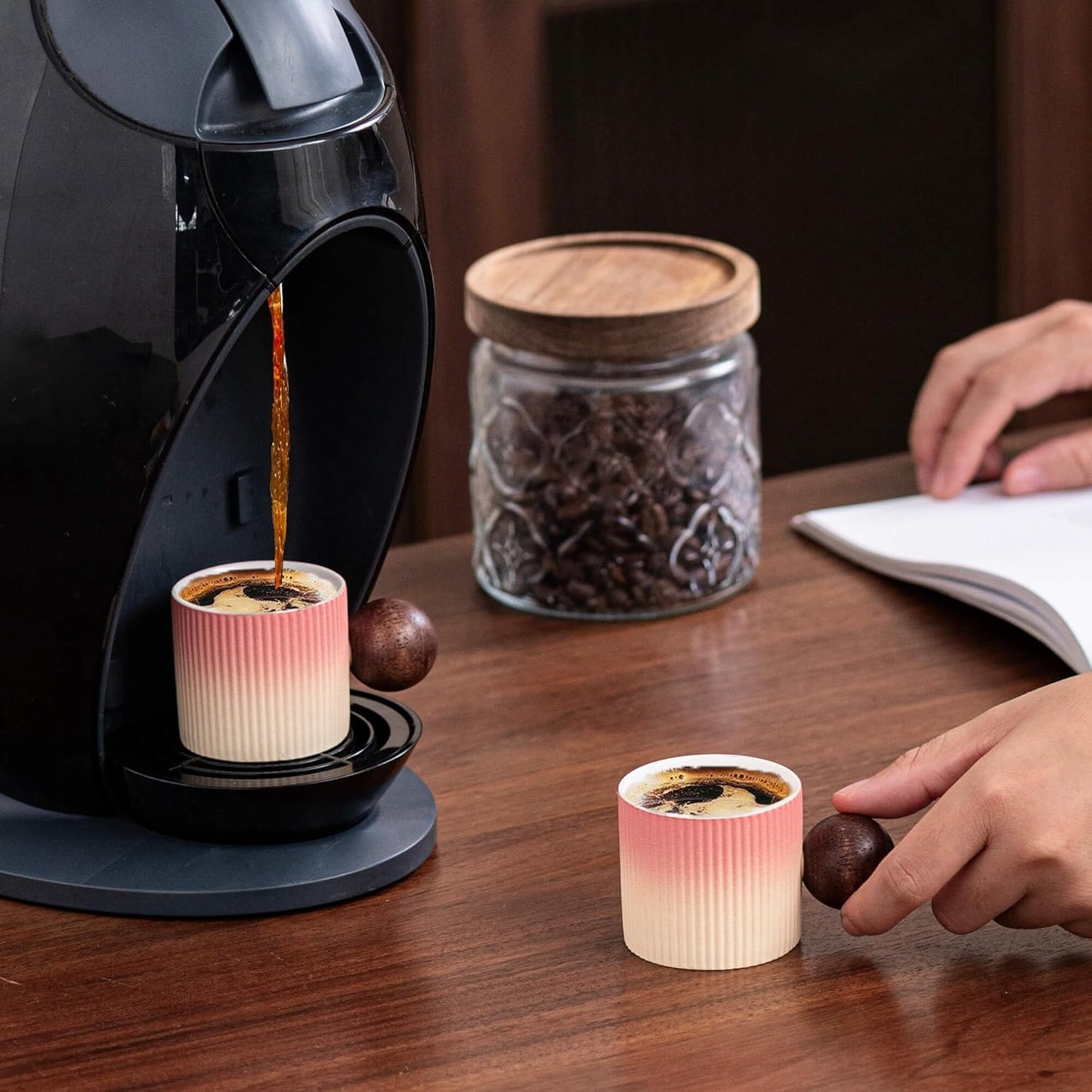 Ceramic Mini Espresso Cups Demitasse Cups with Round Wooden Handle Vertical Stripes Tea Cups (Beige&Pink, 2pcs)