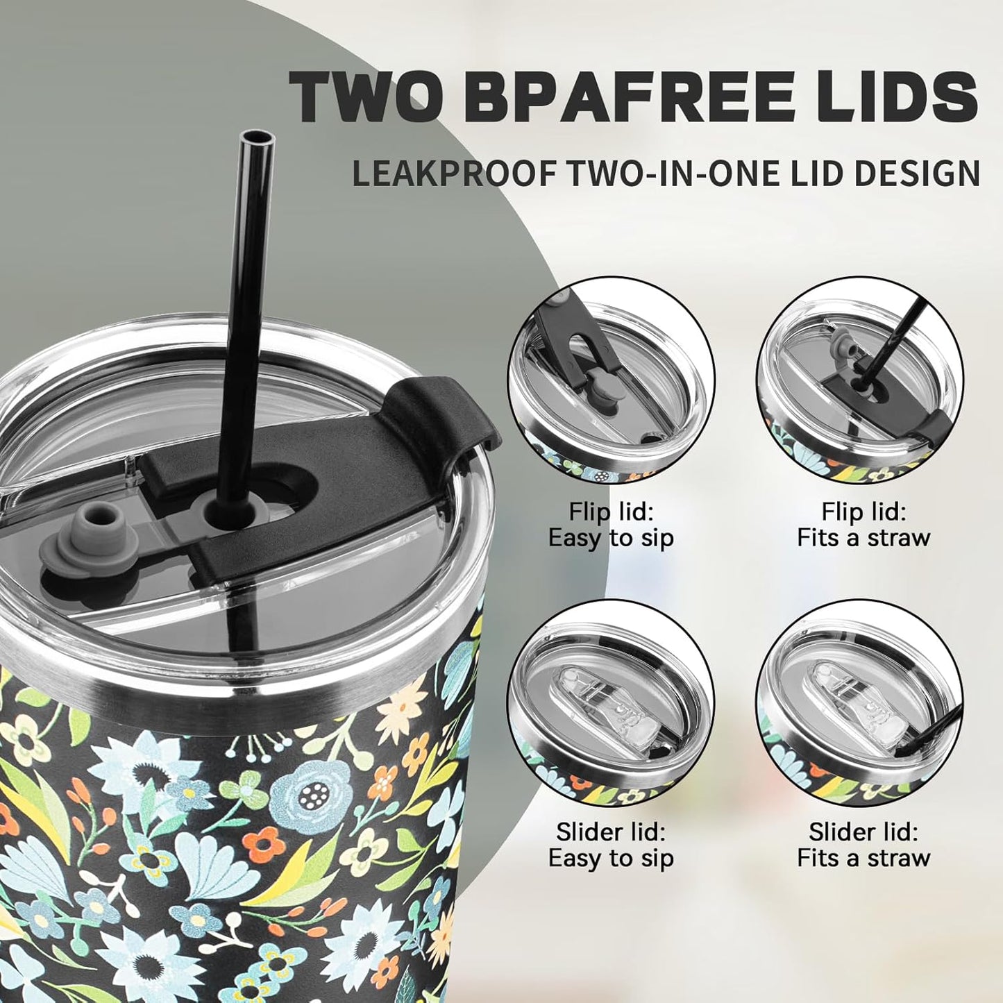 40 oz Tumbler with Lids and Straws, Stainless Steel Insulated Coffee Tumbler, Double Wall Vacuum Insulated Travel Mug Cup, Leakproof Thermal Coffee Cup for Hot and Cold Drinks (Blue Flower)