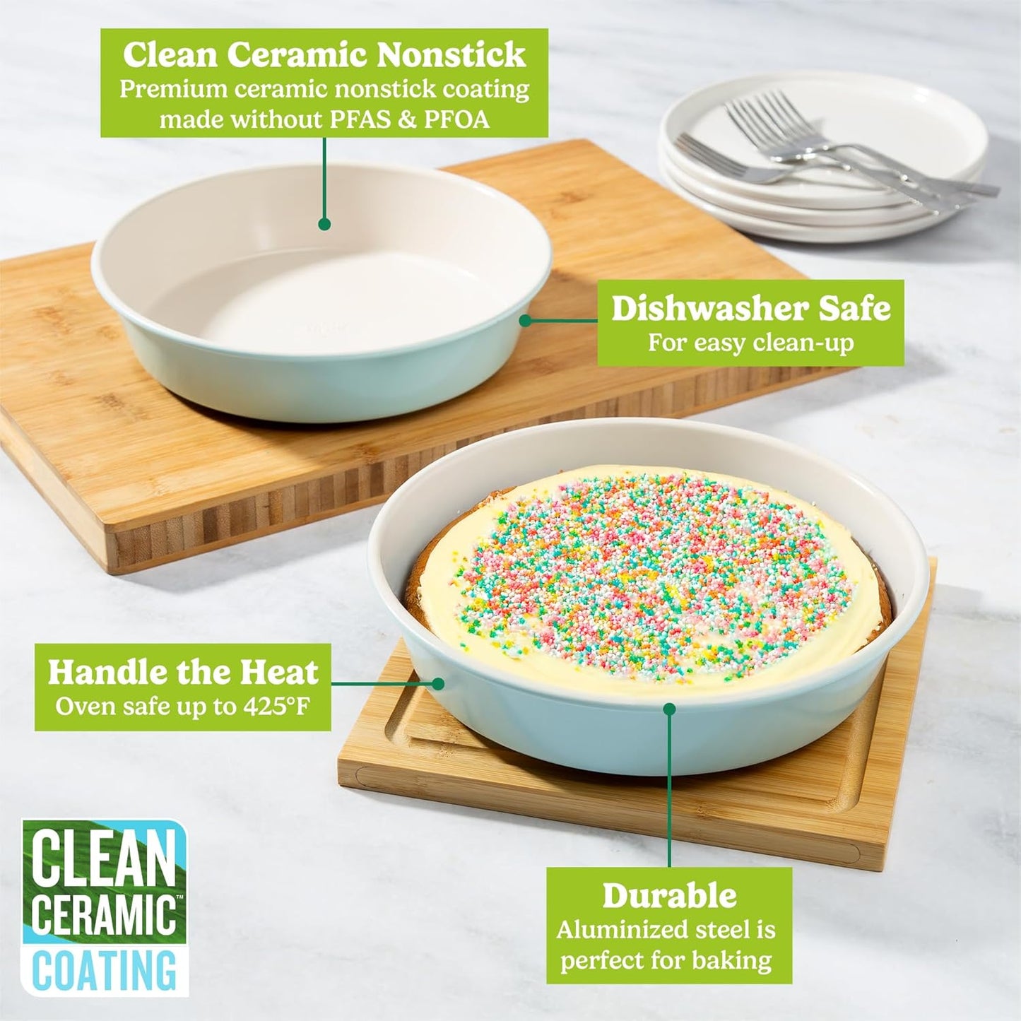 Tasty Clean Ceramic Round Cake Pans Set, 2-Pack of 9-Inch Cake Pans, Durable Aluminized Steel for Professional Results, Clean Ceramic Nonstick Coating, Oven Safe to 425°F, Dishwasher Safe, Aqua